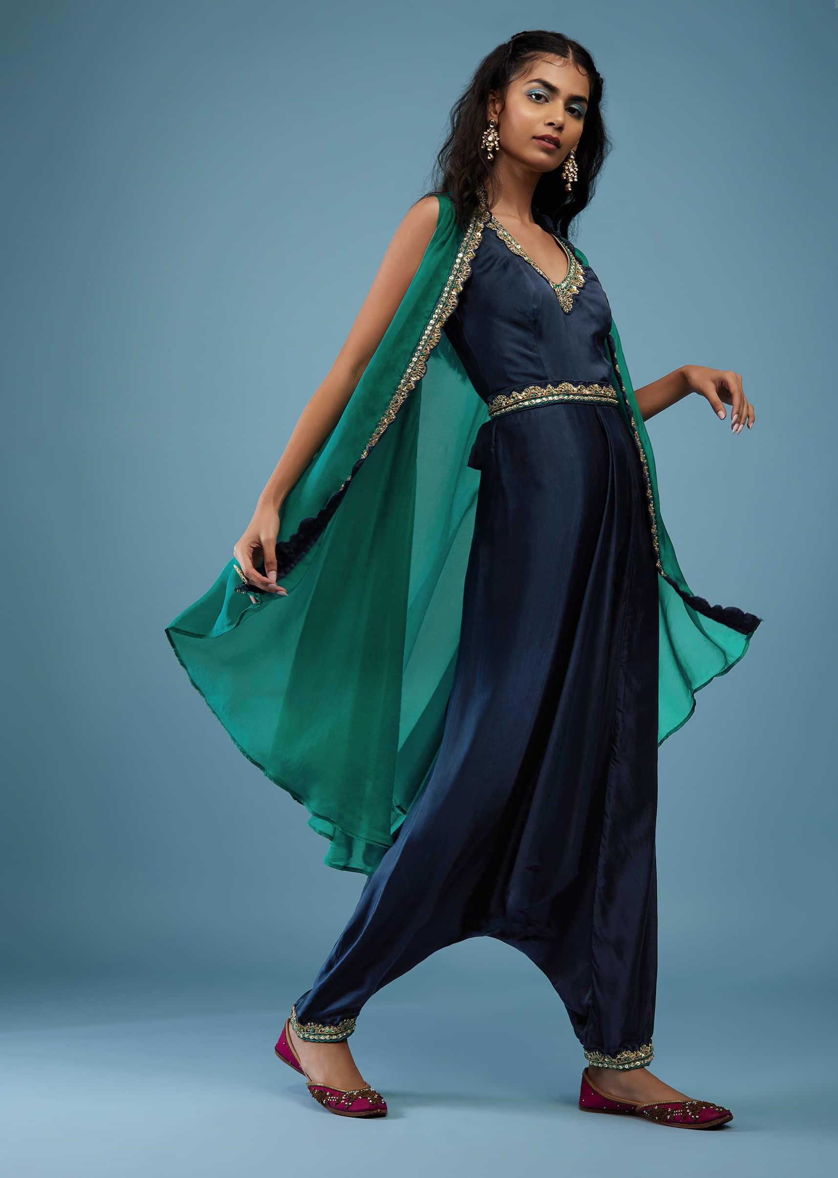 Navy Blue Silk Embroidered Dhoti Jumpsuit With Parasailing Green Organza Shrug