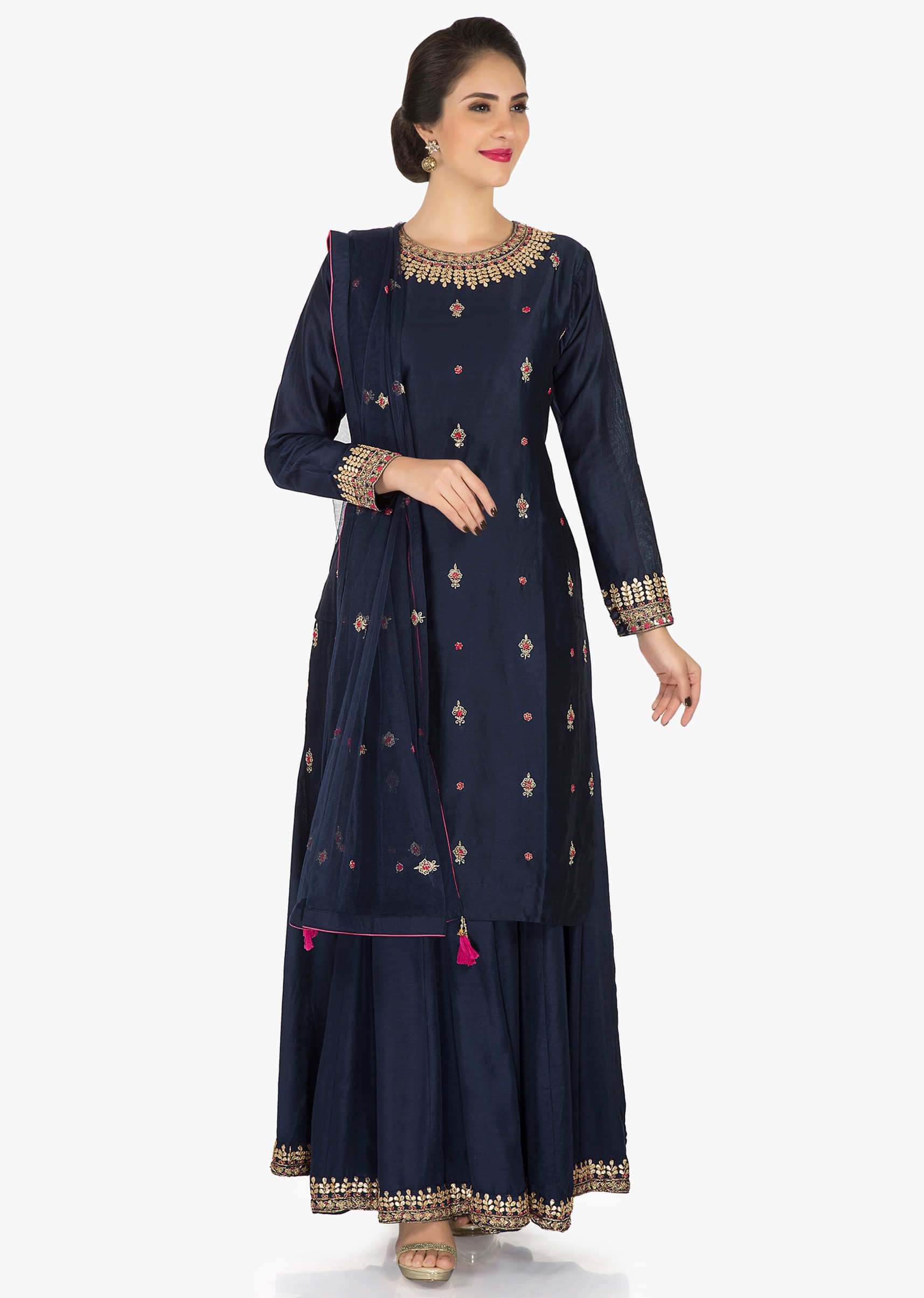 Navy blue silk top adorn in gota patch work and sequin work only on Kalki