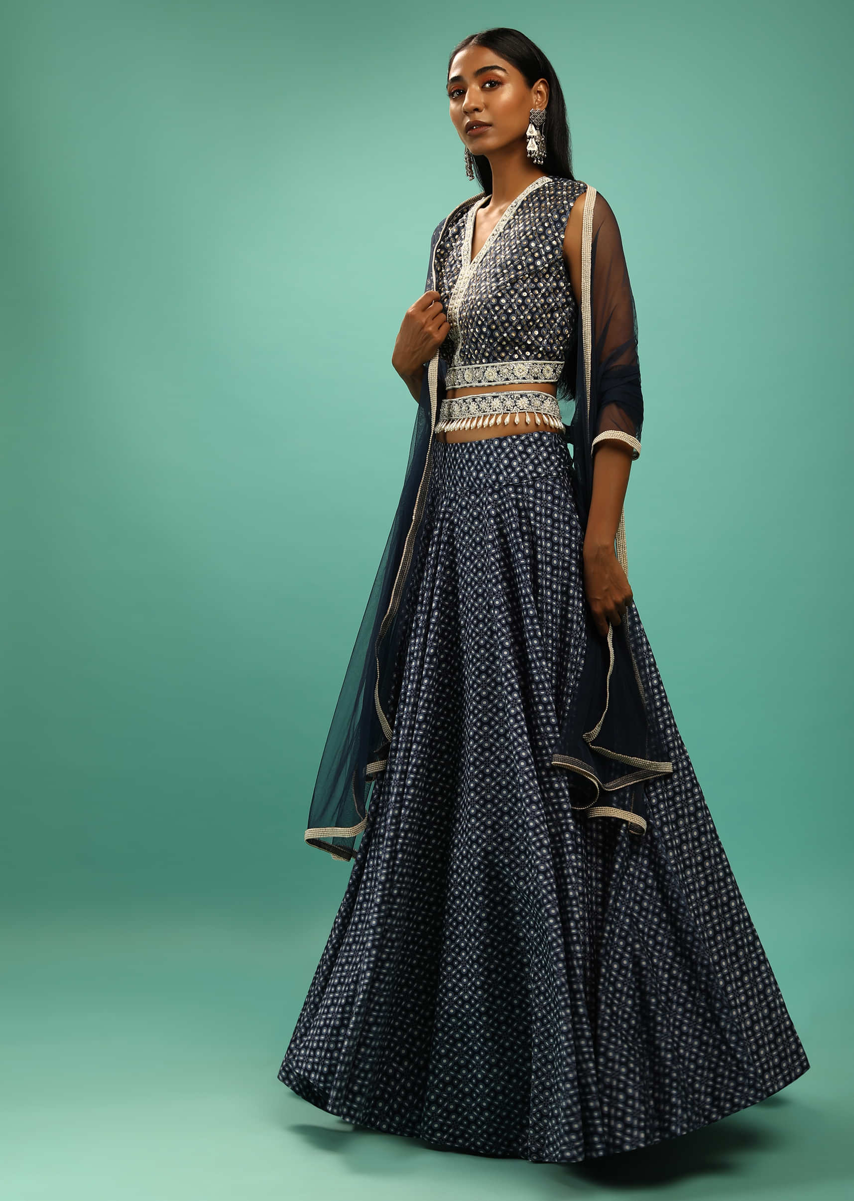 Navy Blue Skirt And Crop Top With Digital Print And Moti Work 