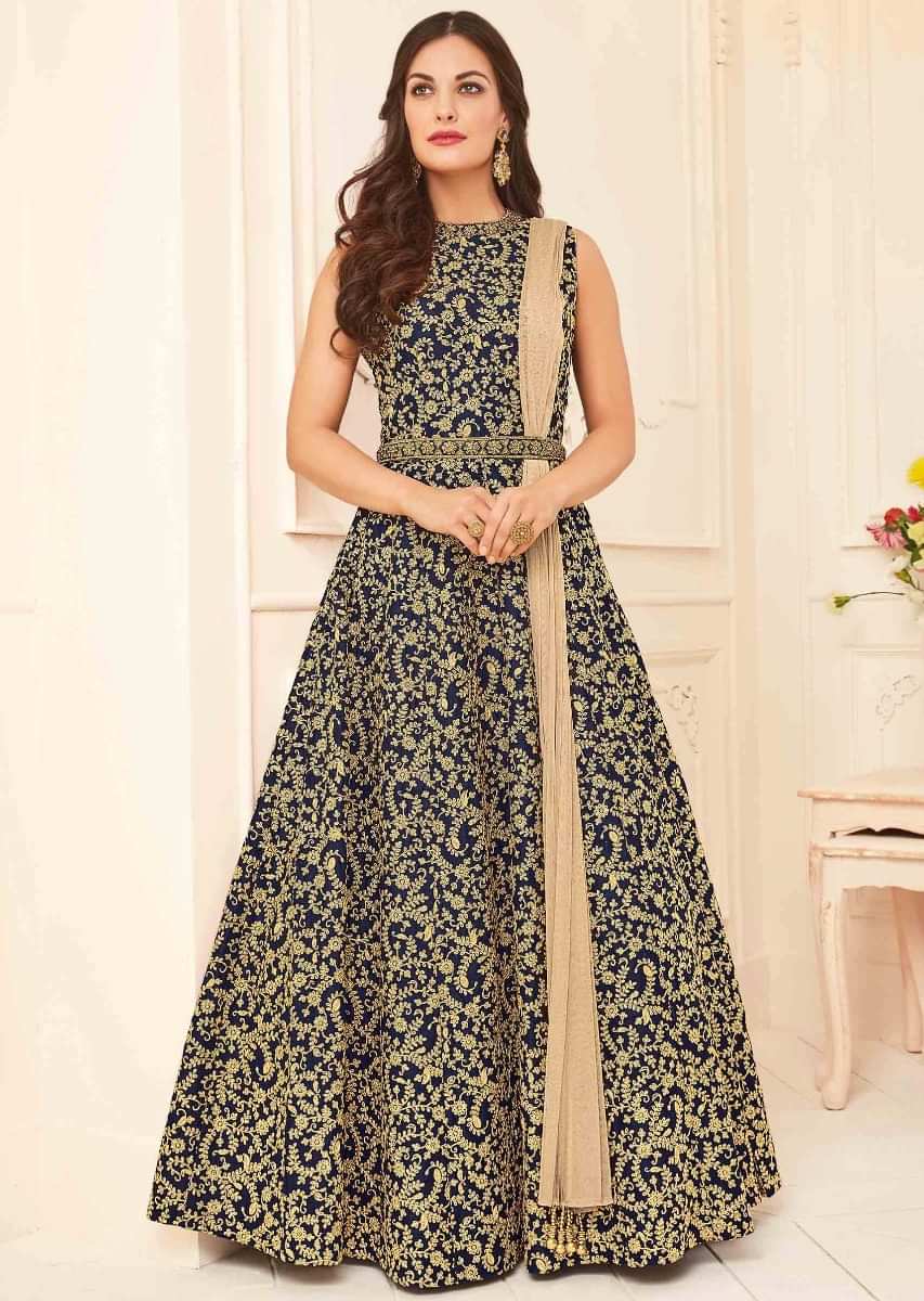 Navy blue suit in raw silk embellished with floral jaal and shimmer dupatta