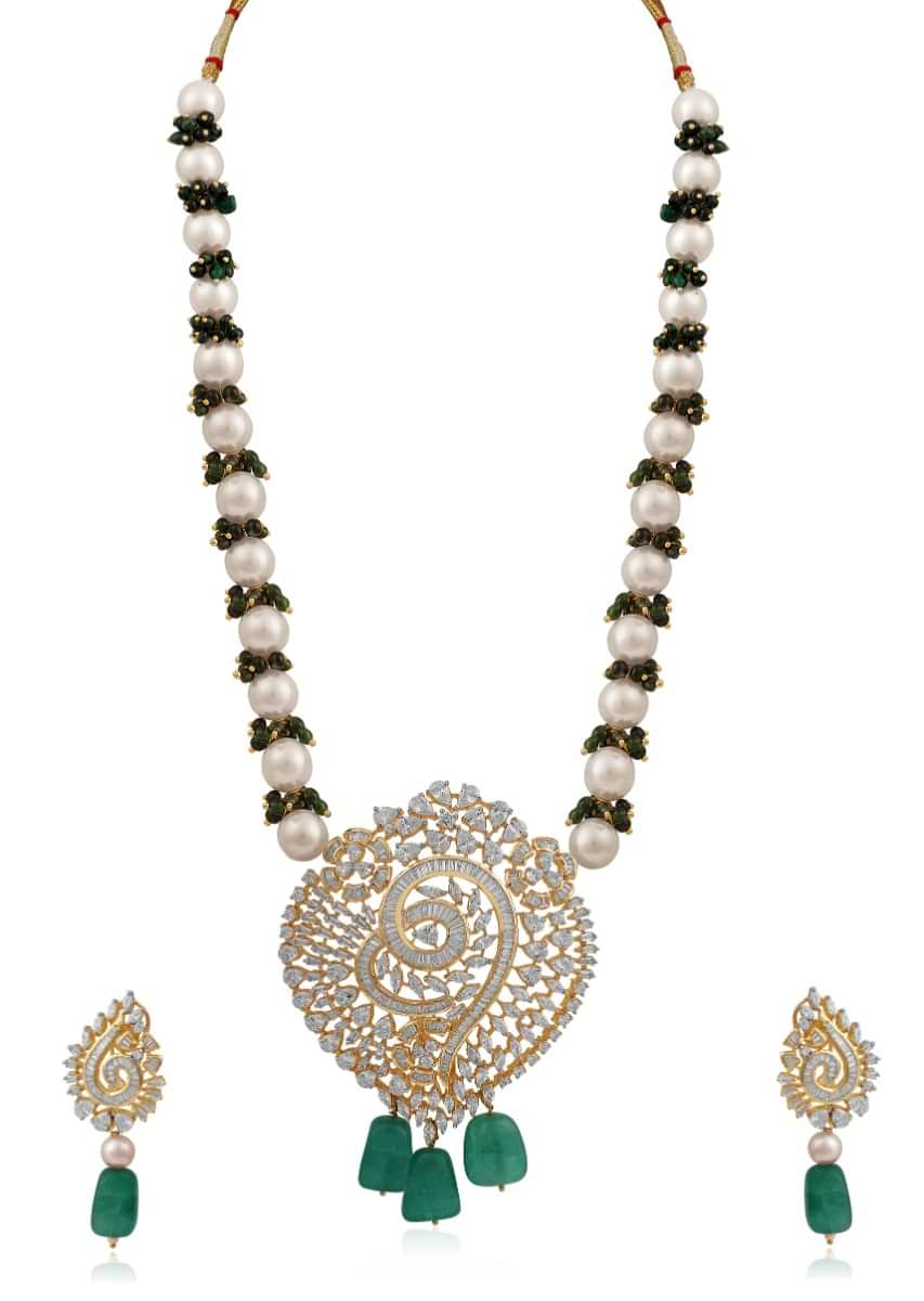 Necklace Set Comprising Of Green Synthetic Stones, Pearls And Faux Diamonds By Tizora
