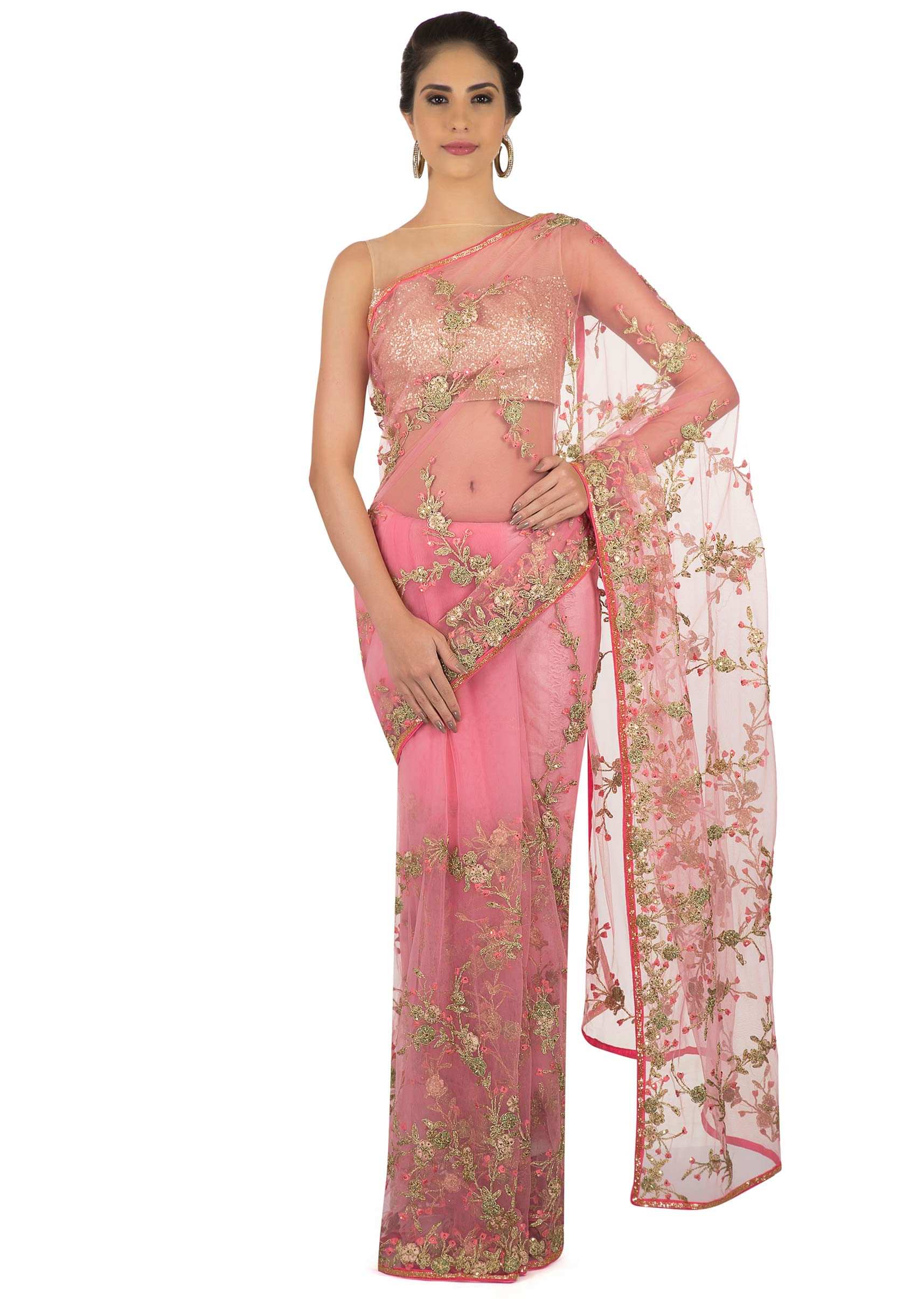 Net saree in baby pink with jaal motif embroidery only on Kalki
