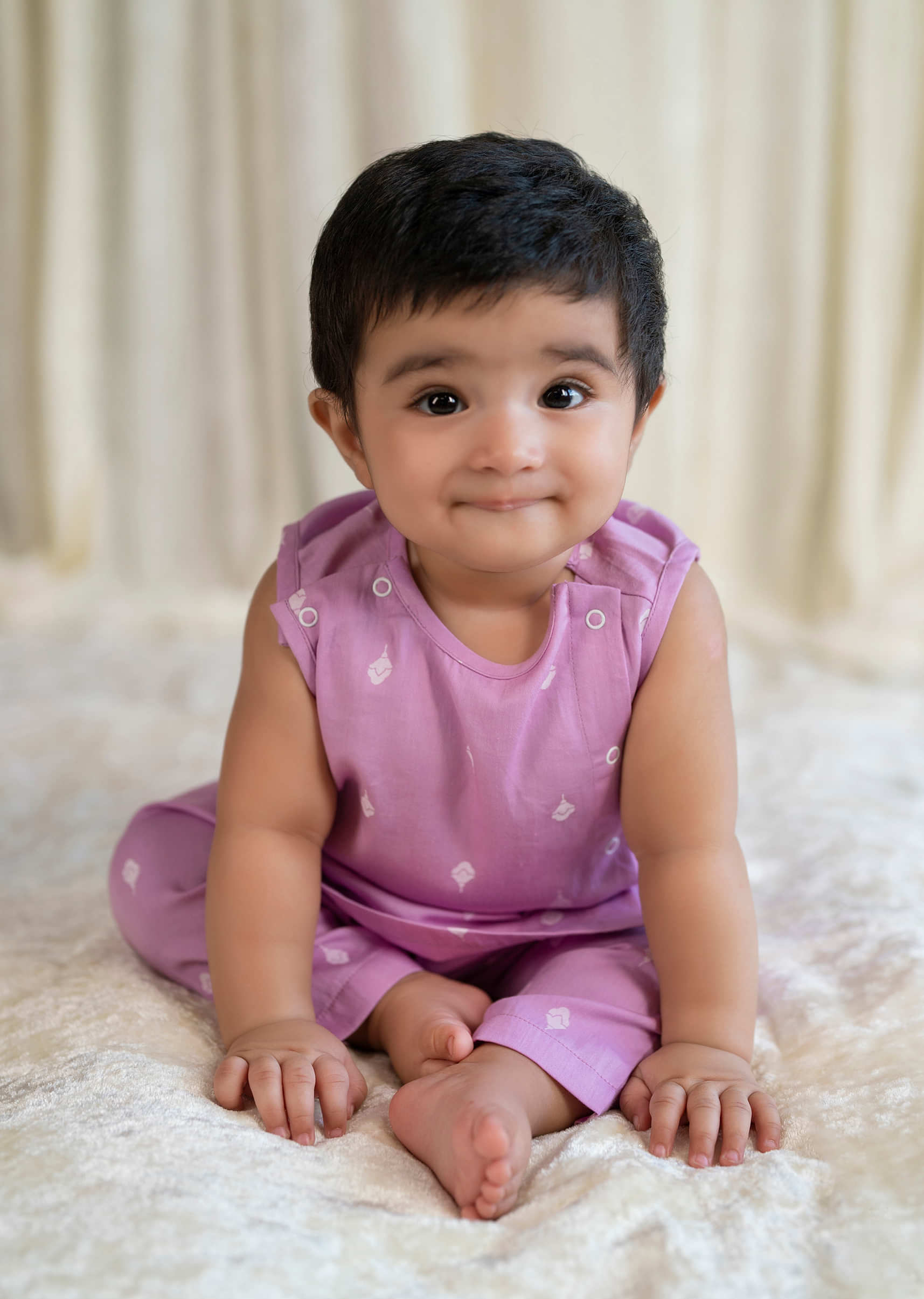 Newborn Baby Purple Cotton Jhabla Set With Printed Gold Buttas