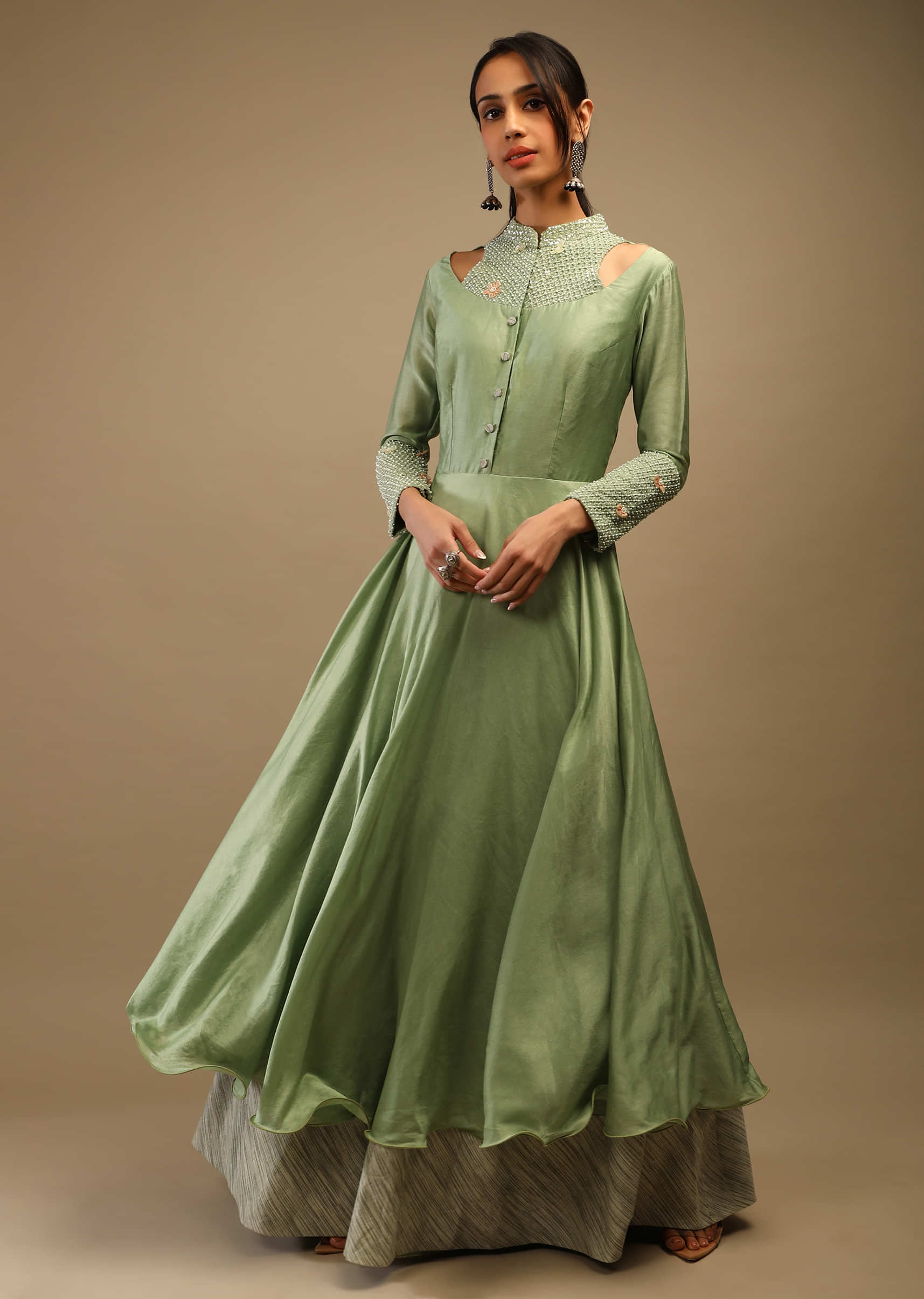 Nile Green Indowestern Dress With Cut Outs On The Neckline And Moti Embroidery  