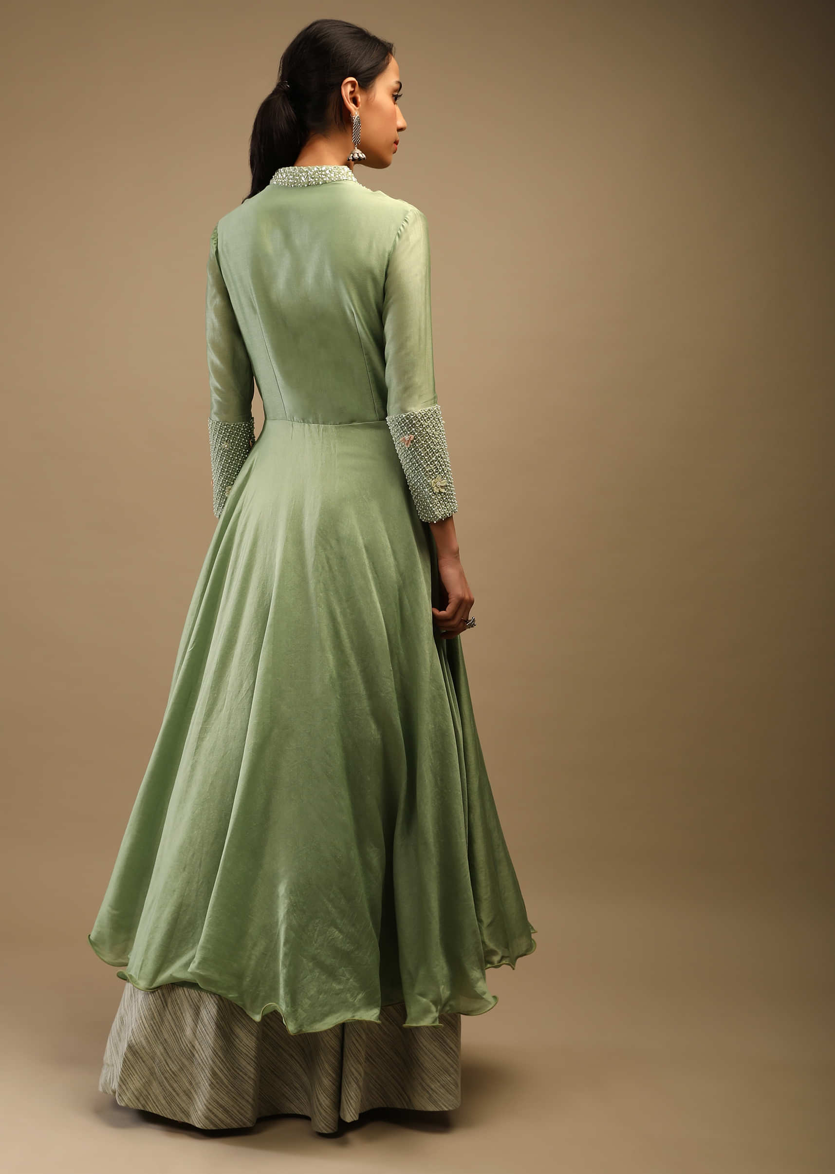 Nile Green Indowestern Dress With Cut Outs On The Neckline And Moti Embroidery  