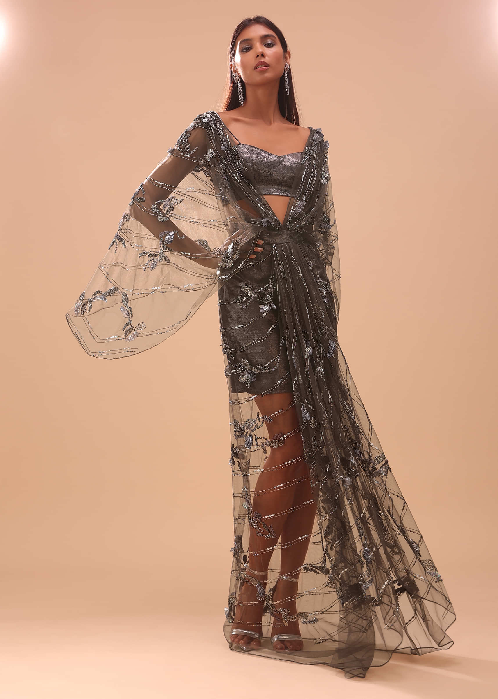 Dark Brown Gown In Net With Embroidery - NOOR 2022