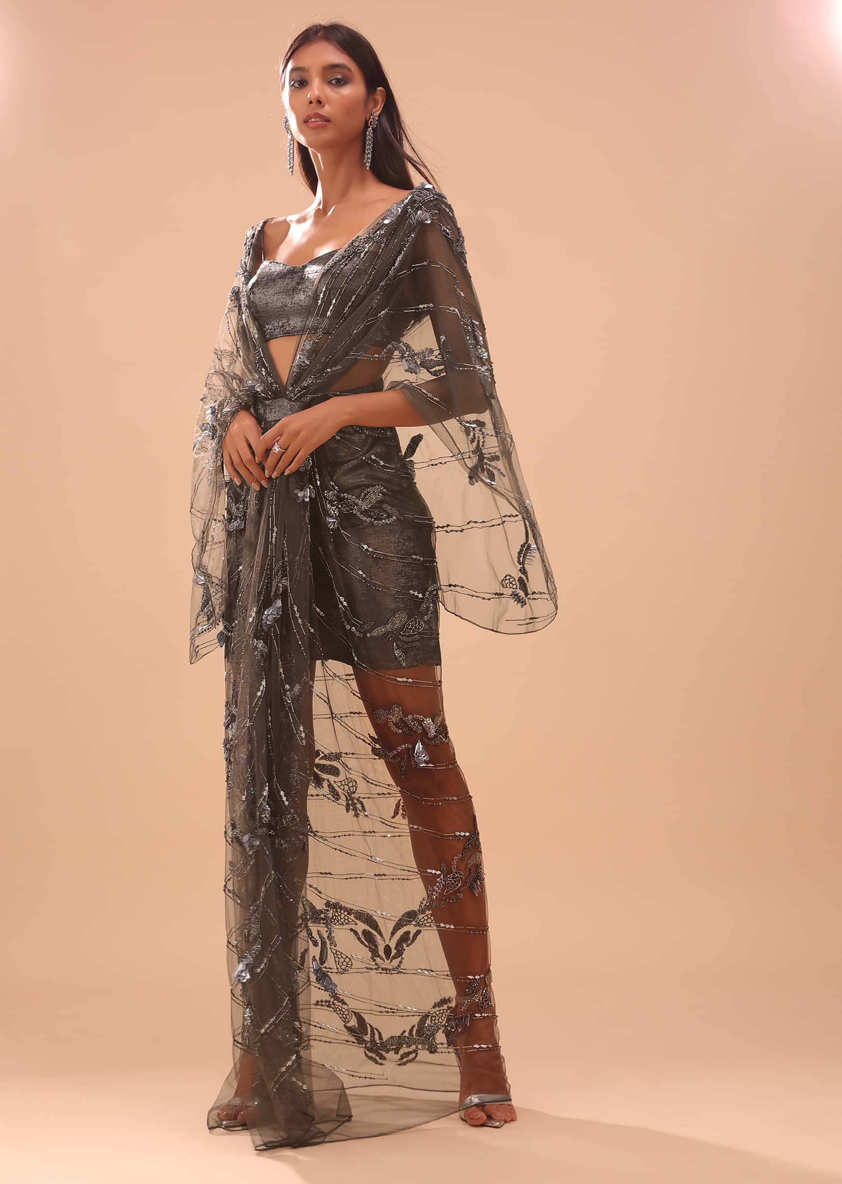 Netted Kaftan Dark Brown Gown With Embroidery - NOOR 2022