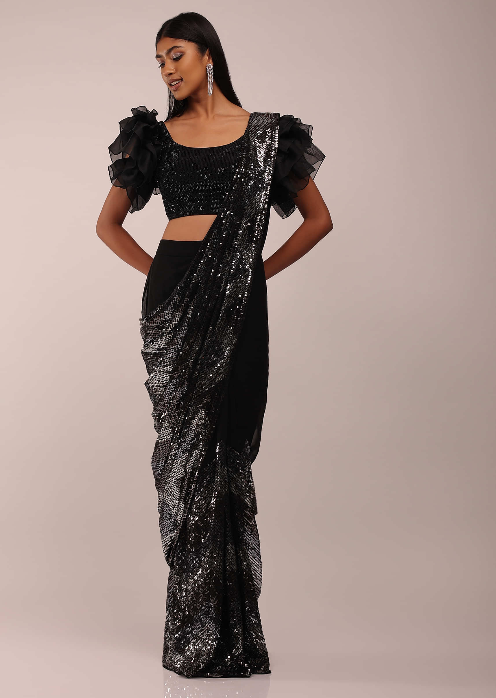 Noir Black Ready Pleated Saree With A Ruffled Sleeves Blouse In Stones And Sequins Embroidery