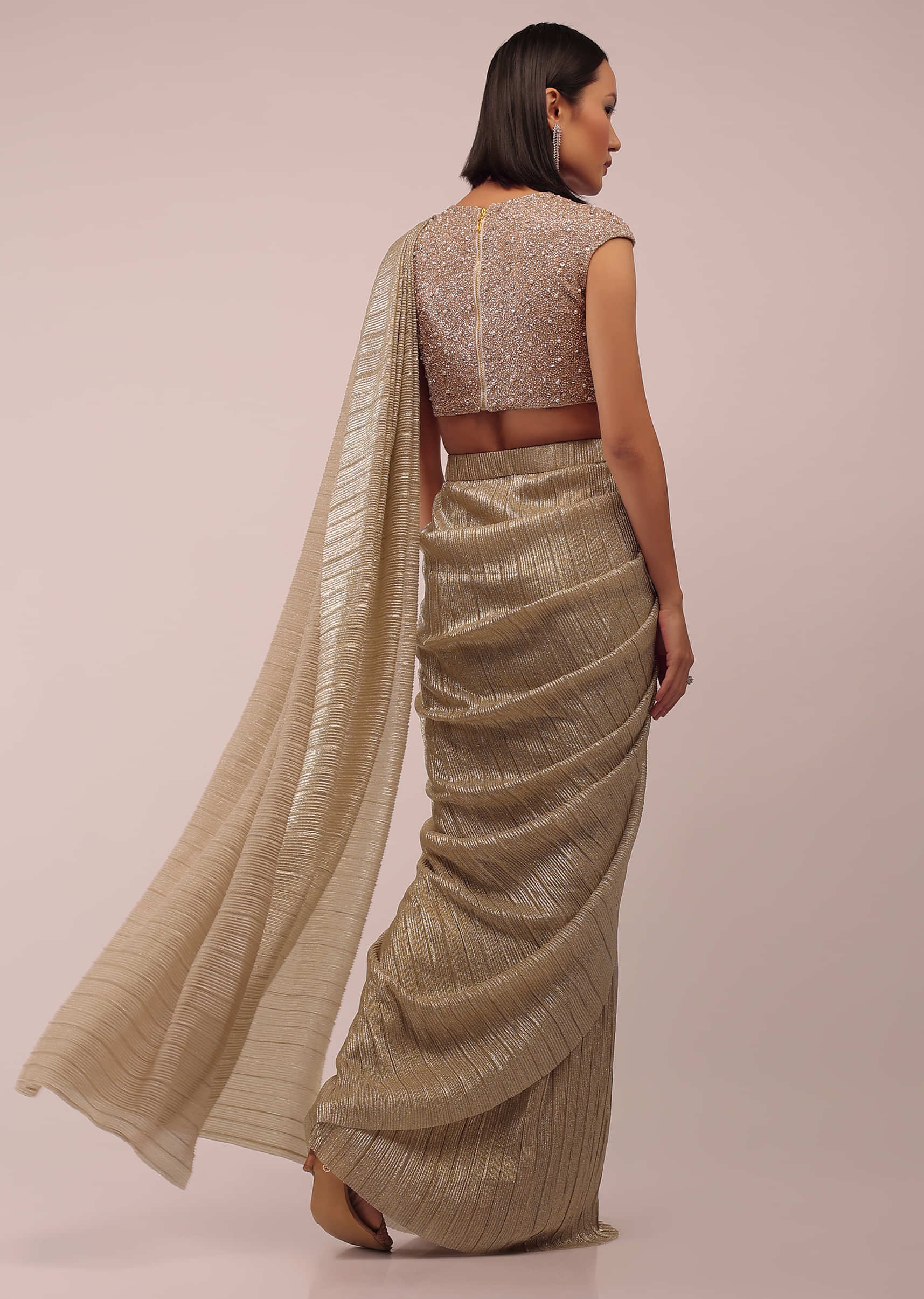 Nomad Shimmer Crush Ready Pleated Saree With A Shimmer Crop Top In 3D Flower, Moti And Cut Dana Embroidery