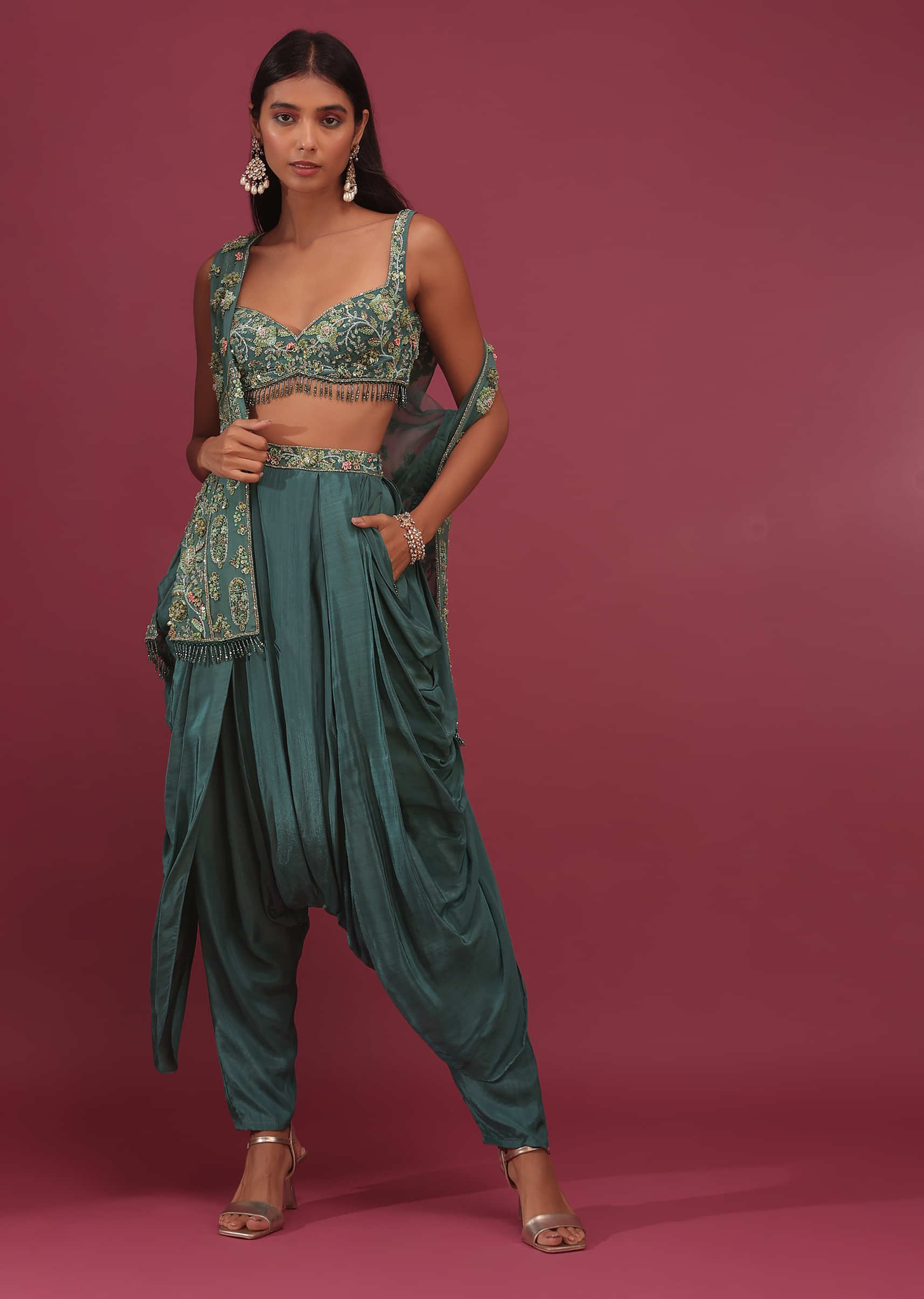 Deep Green Dhoti Bustier Set With 3D Floral Embroidered Shrug - NOOR 2022