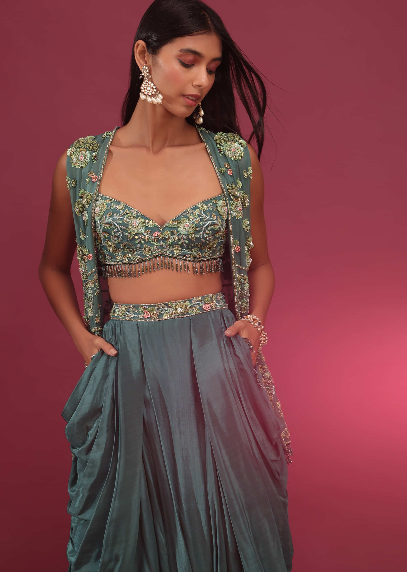 Deep Green Dhoti Bustier Set With 3D Floral Embroidered Shrug - NOOR 2022