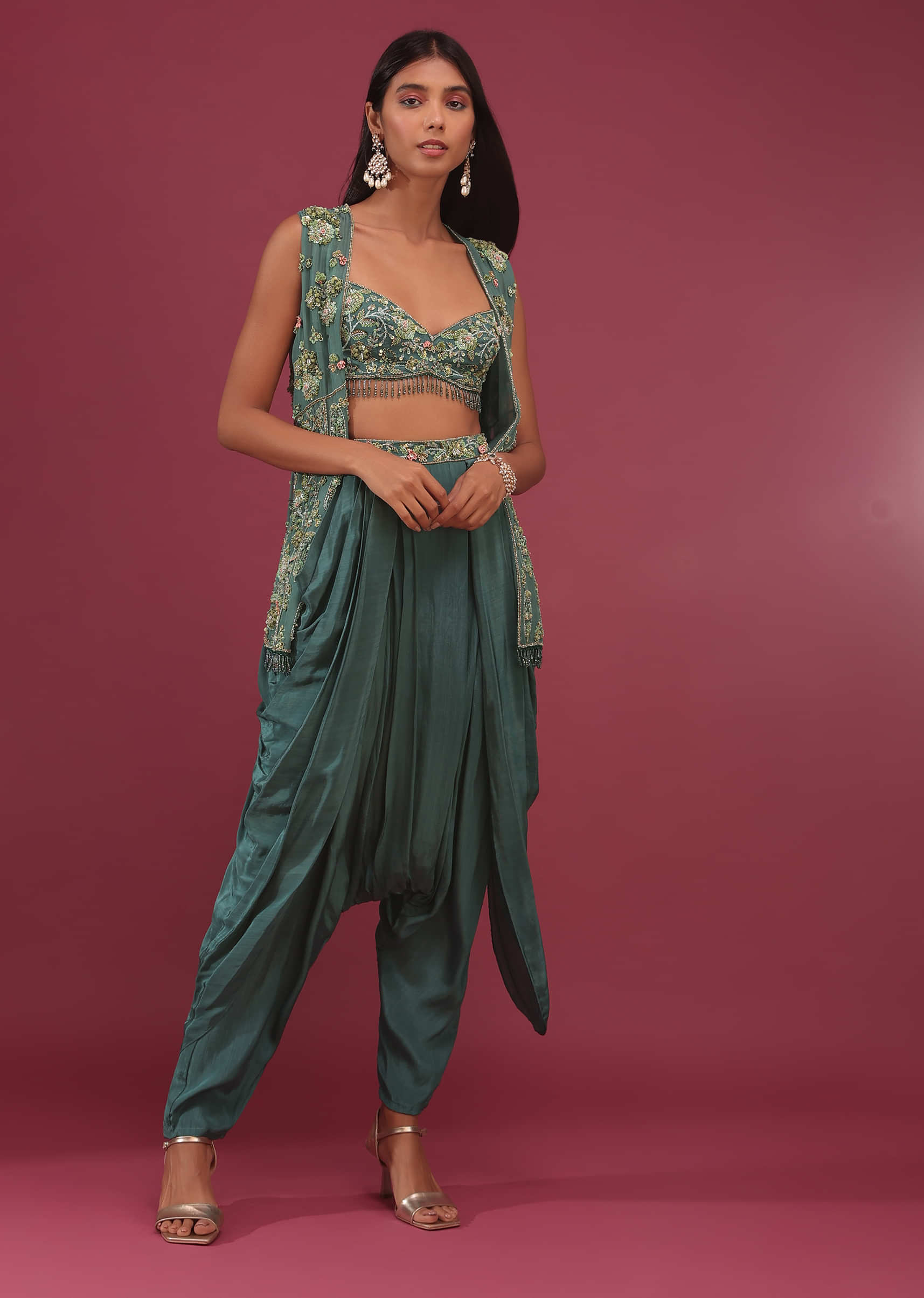 Kalki North Sea Green Dhoti Bustier Set With Shrug In 3D Floral Embroidery - NOOR 2022