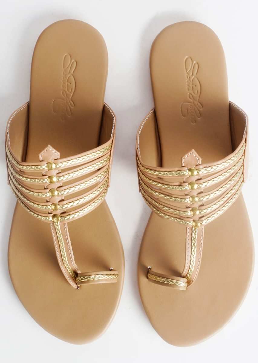 Nude Kolhapuri Flats With Gold Braiding And Gold Rivet  By Sole House