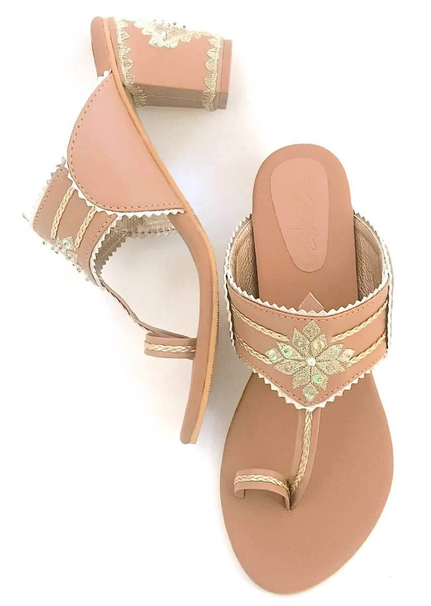 Nude Kolhapuri Heels With Zari Embroidered Motif And Block Heel By Sole House