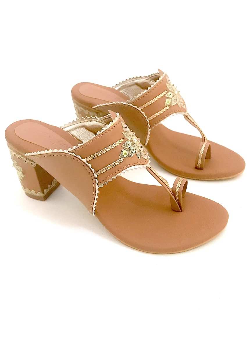 Nude Kolhapuri Heels With Zari Embroidered Motif And Block Heel By Sole House