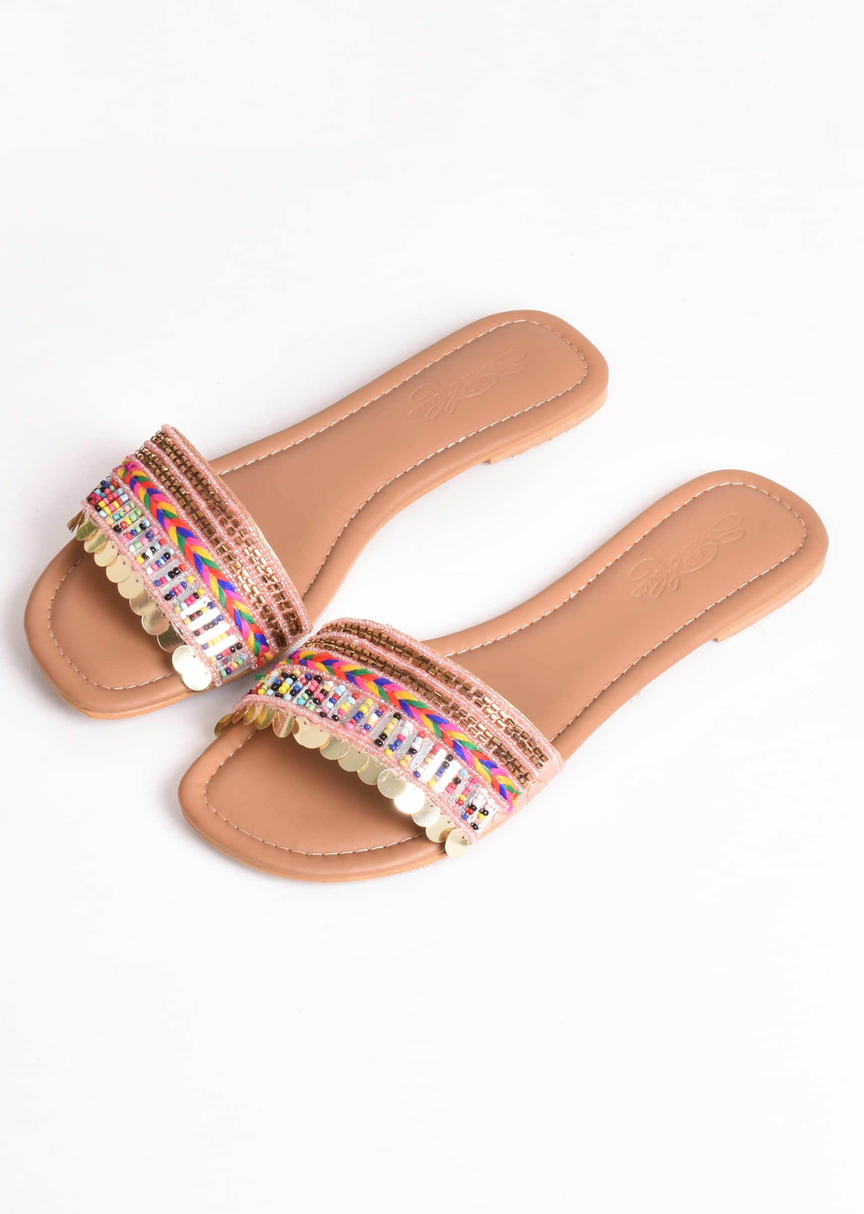 Nude Pink Boho Sliders With Bead And Thread Work By Sole House