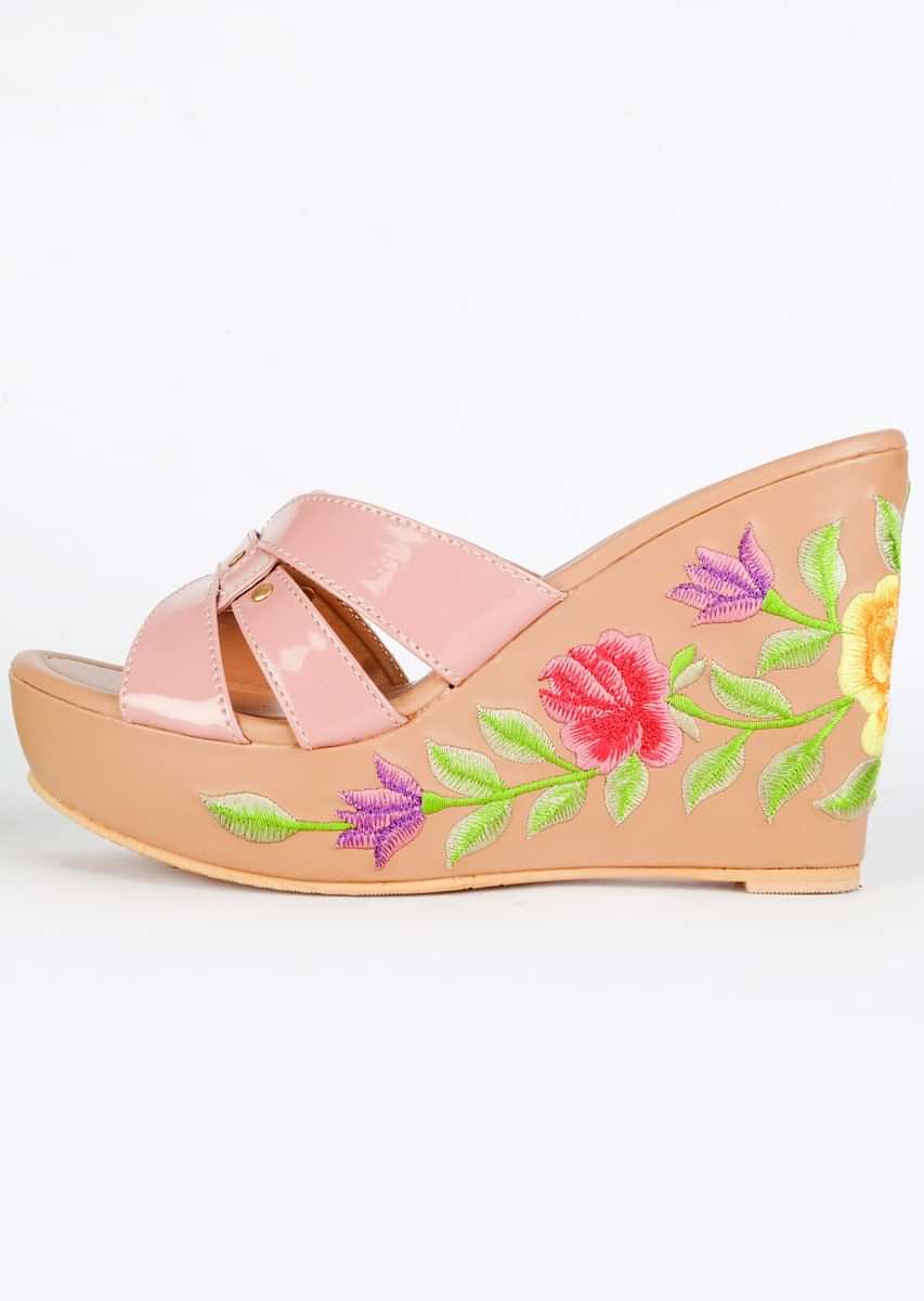 Nude Pink Wedges With Resham Embroidered Floral Design On The Heel By Sole House