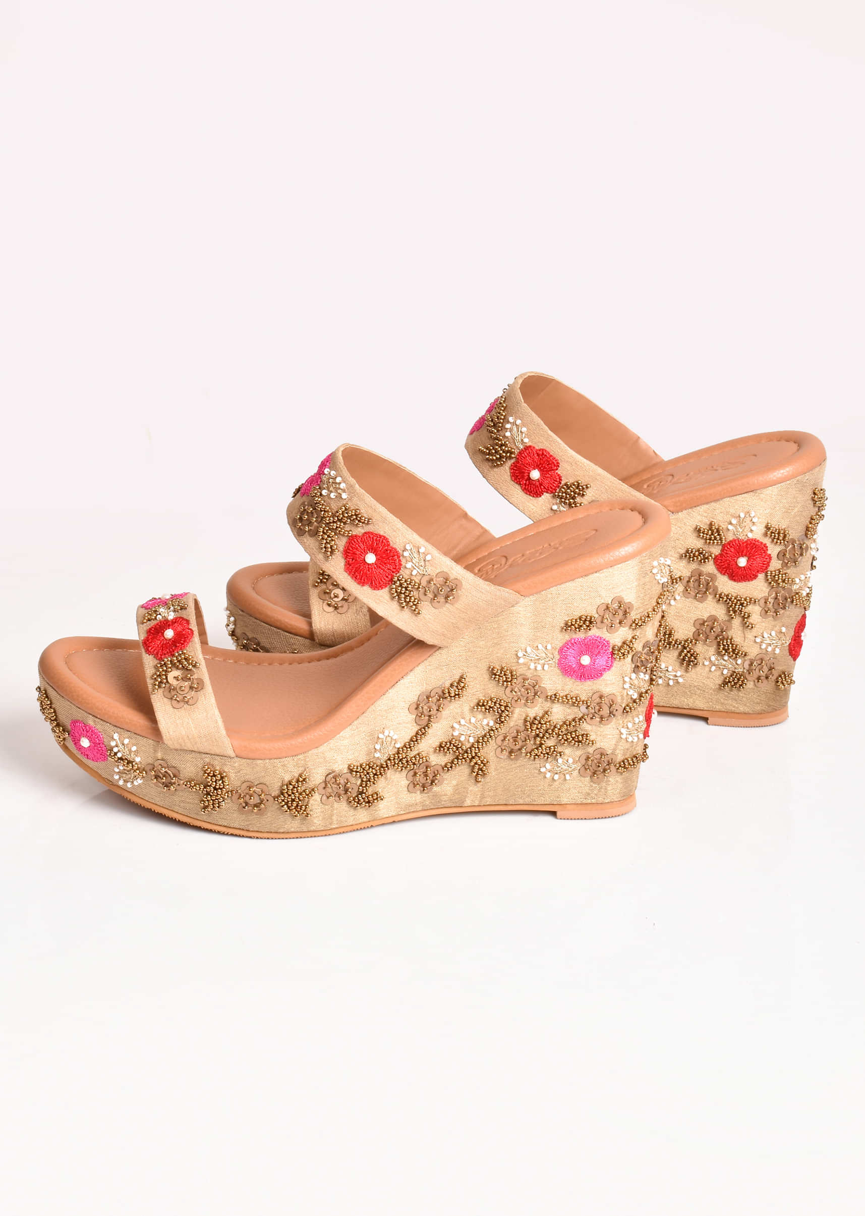 Nude Wedges In Silk With Red And Pink Resham Flowers Along With Gold Sequins Work By Sole House