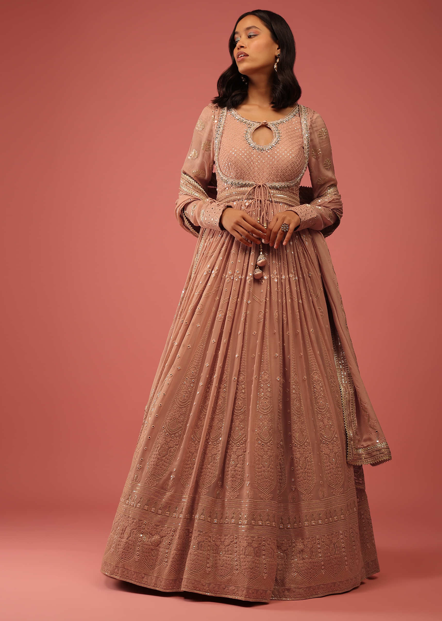 Nude White Anarkali Suit In Georgette With Lucknowi Resham Work And Attached Jacket Design