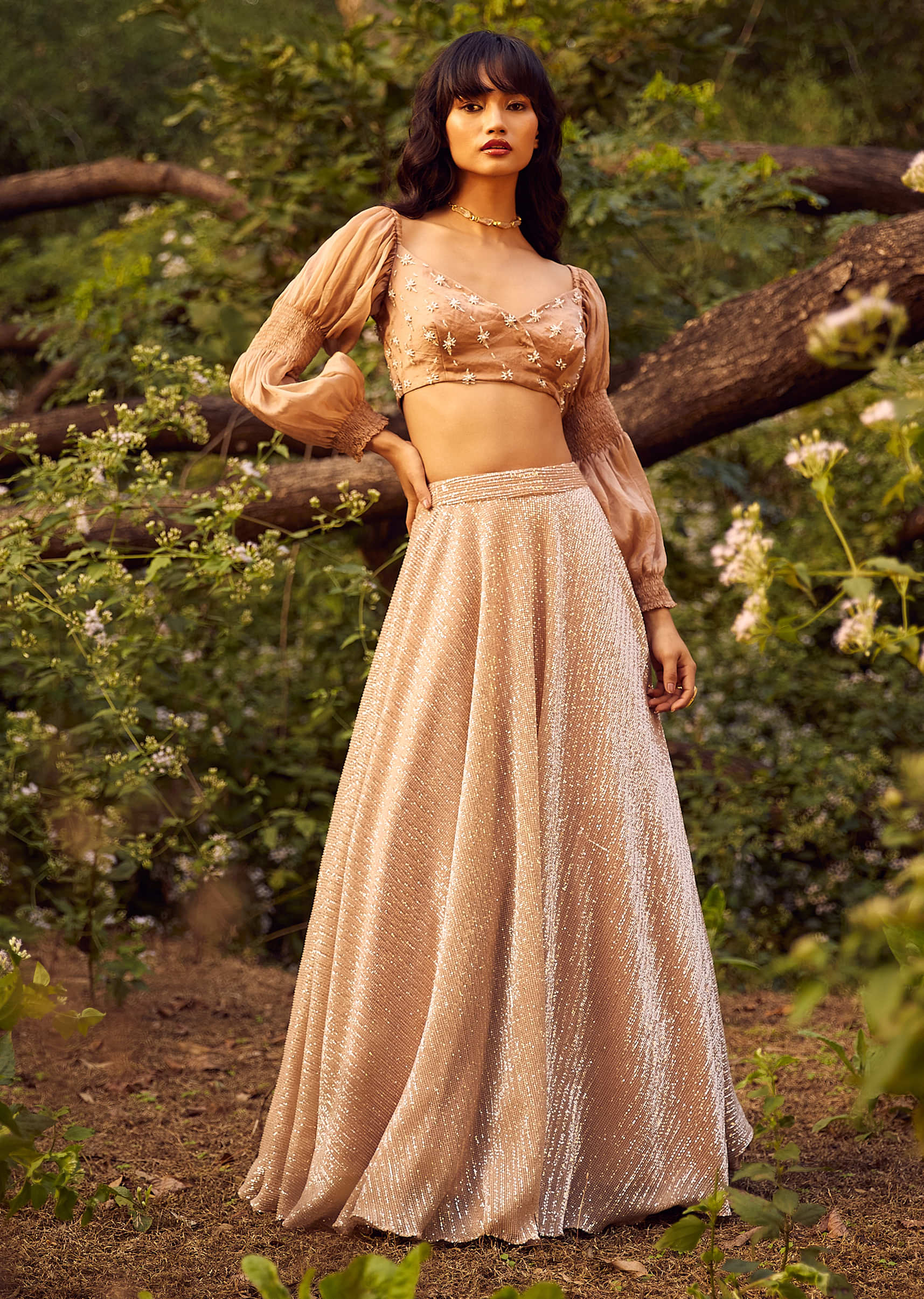 Nude Beige Ombre Sequins Lehenga And Crop Top With Fancy Double Balloon Sleeves And Overlapping Neckline