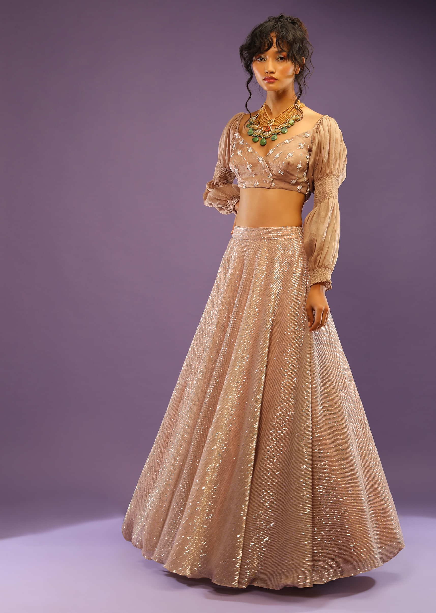 Nude Beige Ombre Lehenga And Crop Top With Fancy Double Balloon Sleeves And Overlapping Neckline