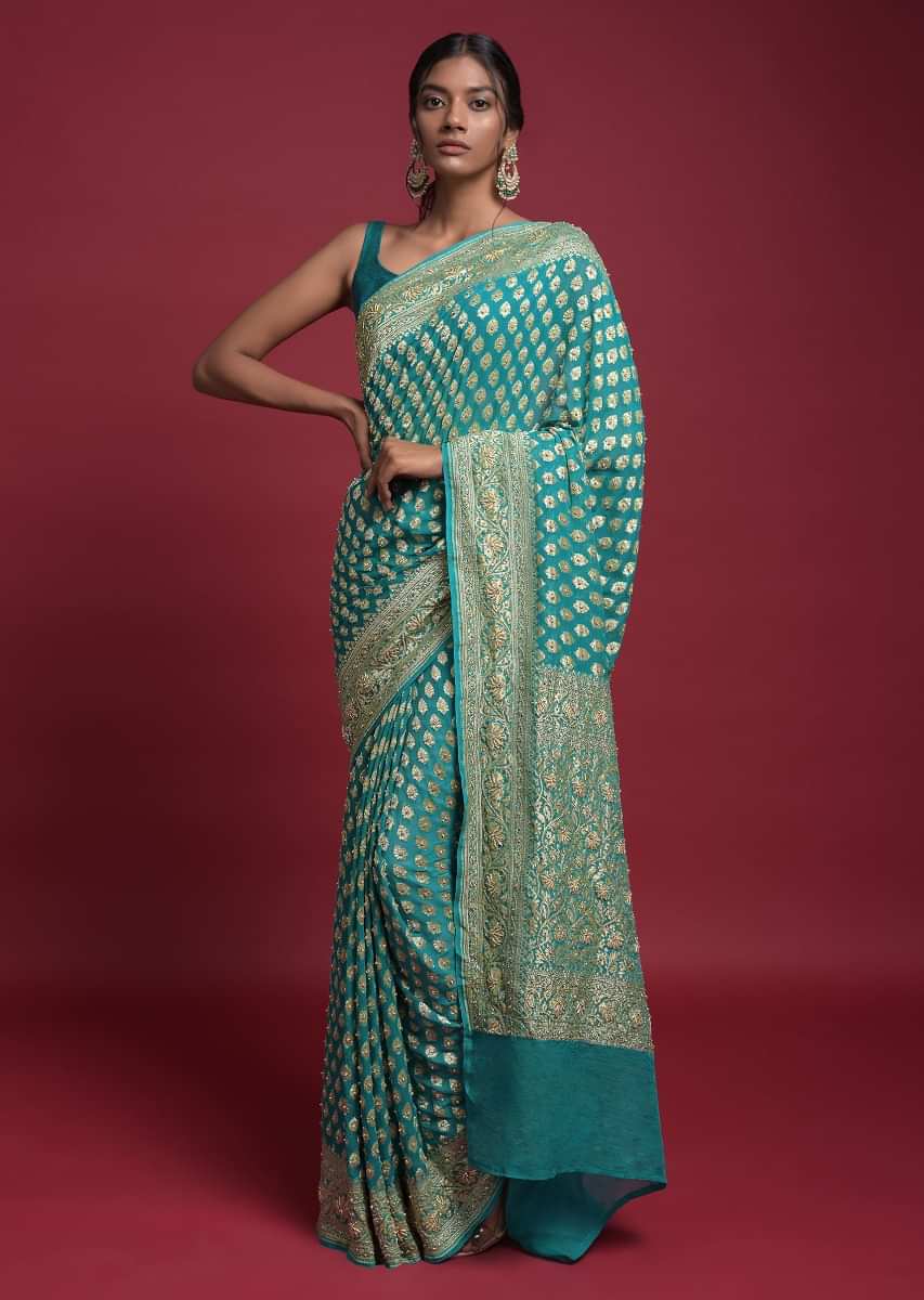 Buy Insignia Blue Organza Fabricated Saree With Bandhani Print And  Embroidery