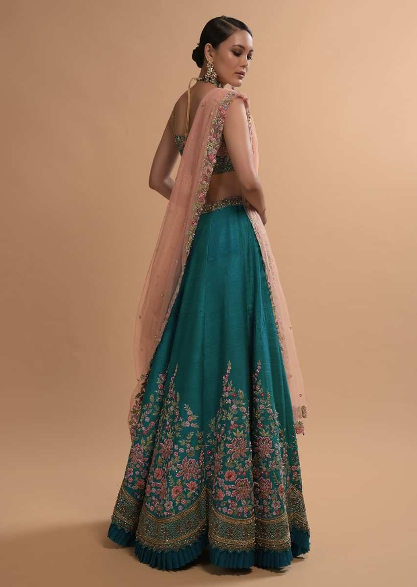 Ocean Green Lehenga Choli In Raw Silk With Resham Embroidered Spring Blooms And Scallop Hem 