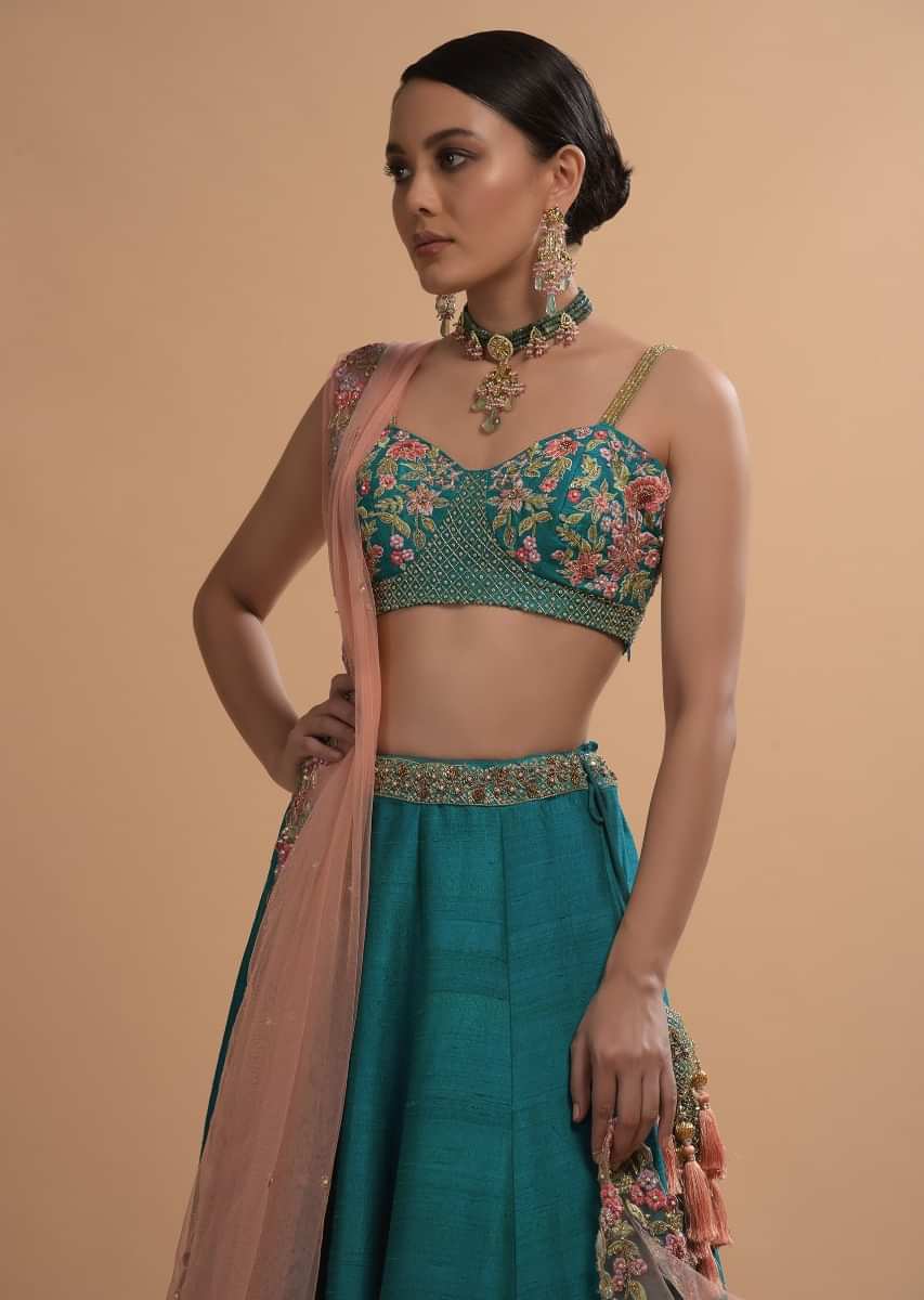 Ocean Green Lehenga Choli In Raw Silk With Resham Embroidered Spring Blooms And Scallop Hem 