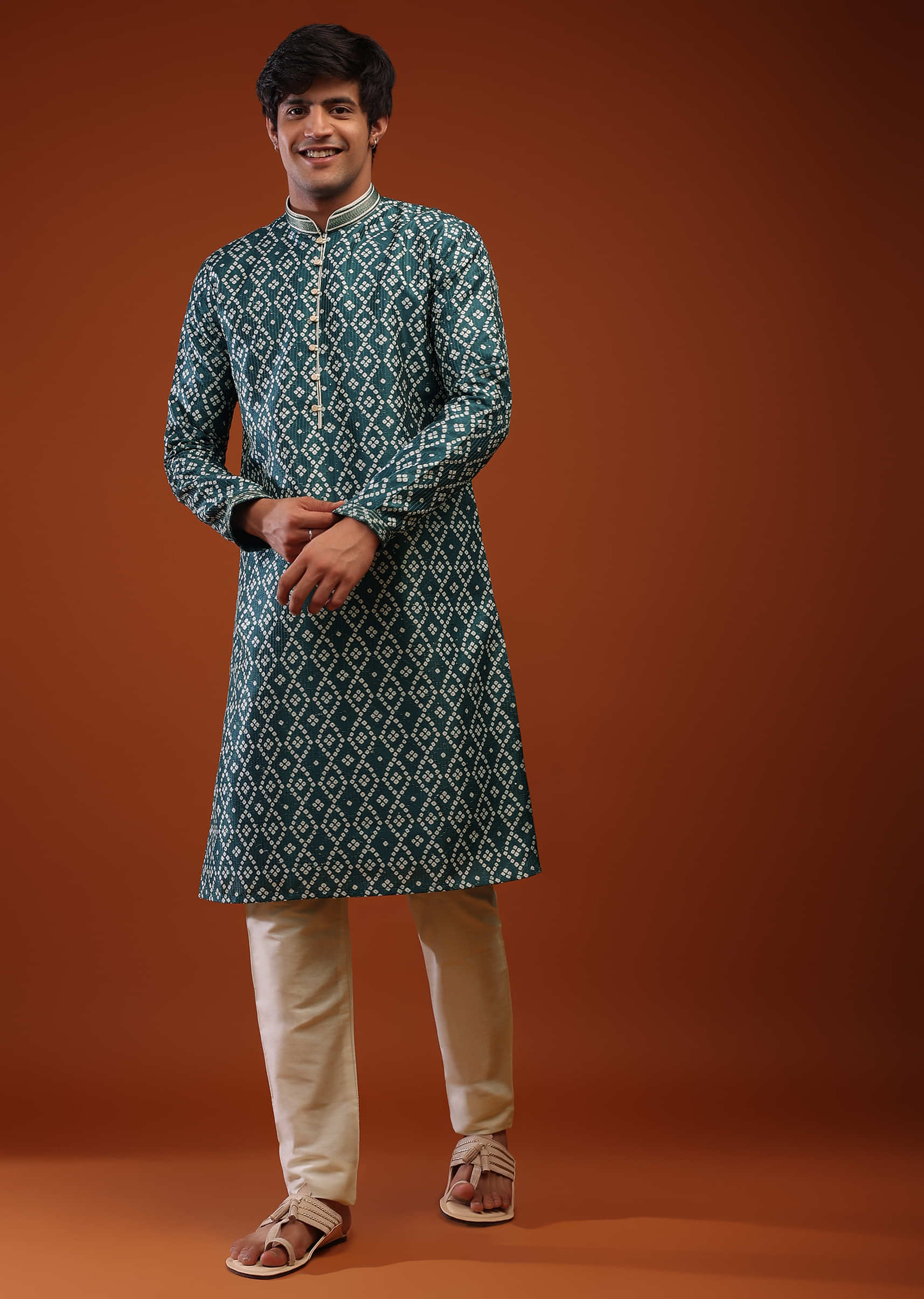 Ocean Blue Silk Kurta Set Adorned With Bandhani Print, Sequins And Threadwork Embroidery