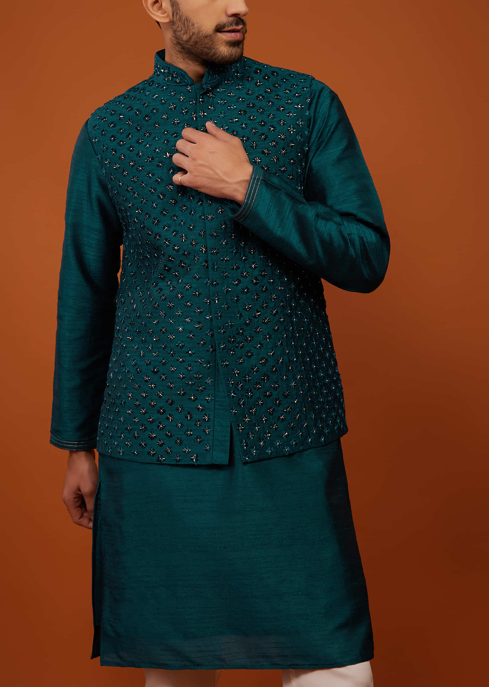 Teal Blue Embroidered Bandi Jacket Set In Cotton Silk