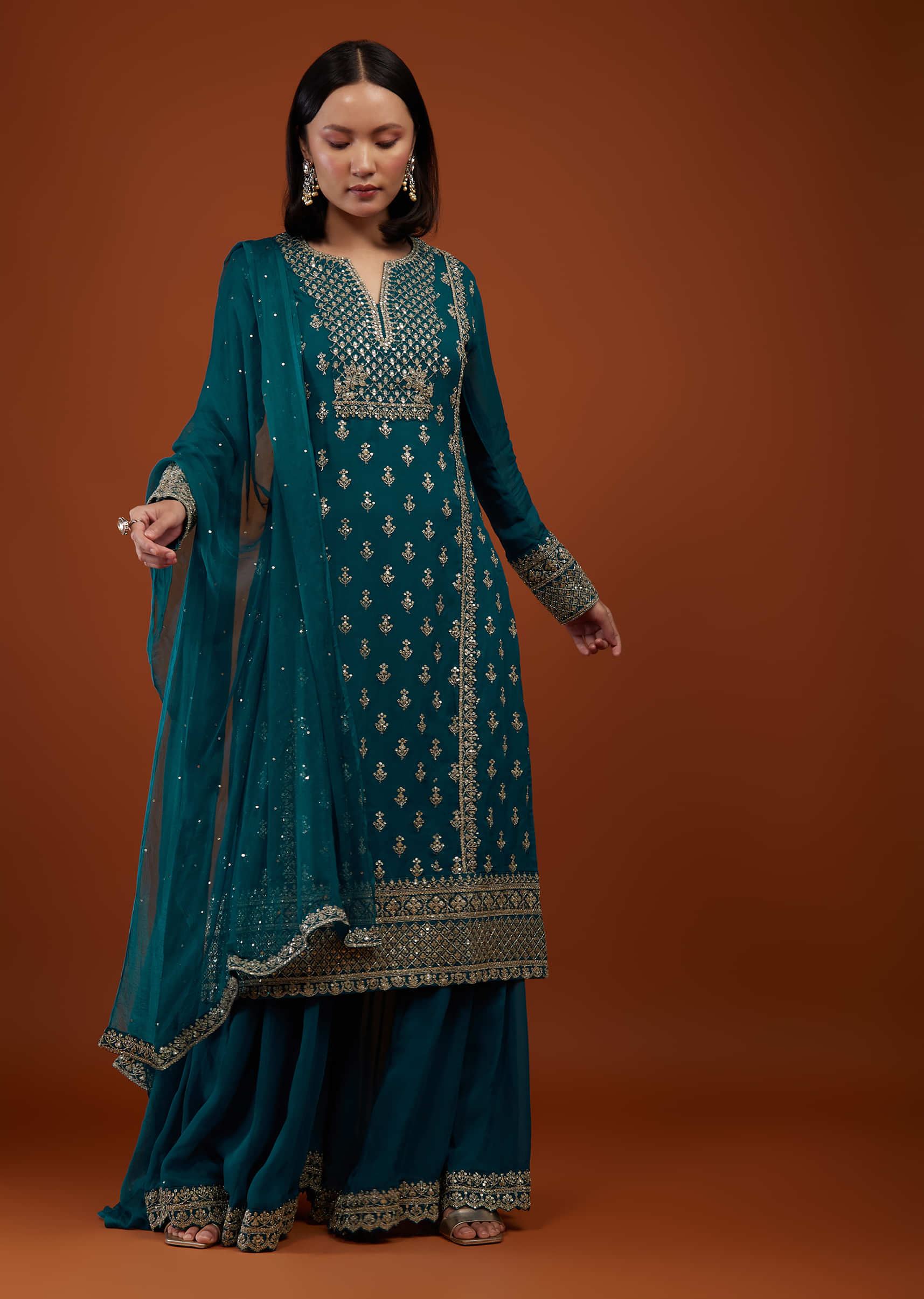 Teal Blue Embroidered Georgette Palazzo Suit
