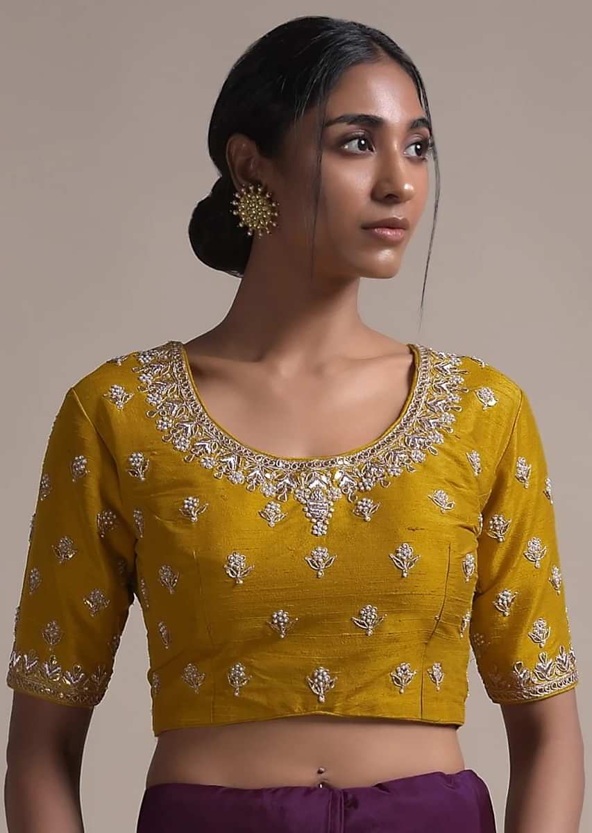 Clothing Womens Clothing Tops & Tees Yellow rawsilk blouse with hand embroidery 
