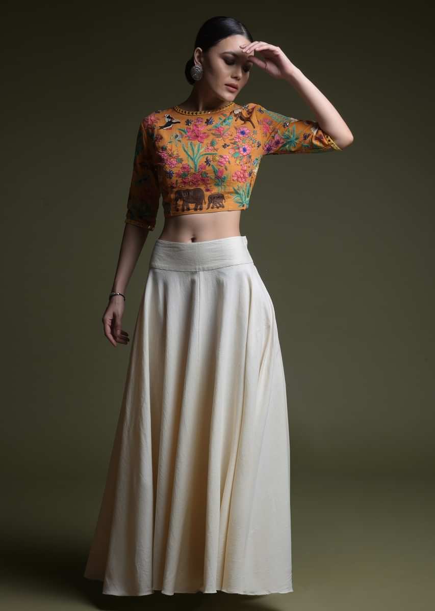 Grey colour kashmiri embroidered skirt with crop top and matching