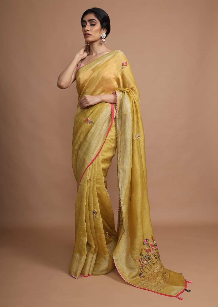 Ochre Yellow Saree In Tussar Silk With Bud Embroidered Floral Buttis Using Colorful Threads