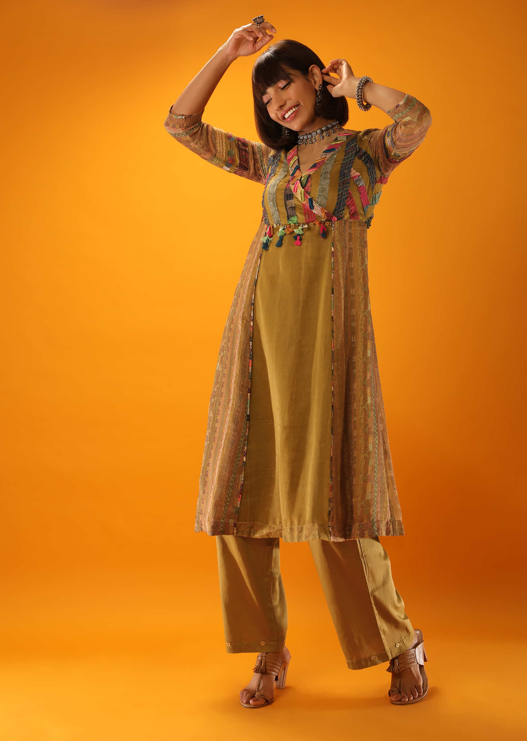 Ochre A Line Kurta And Palazzo Pants Set With Appliqued Stripes In Multi Colored Printed Fabric  