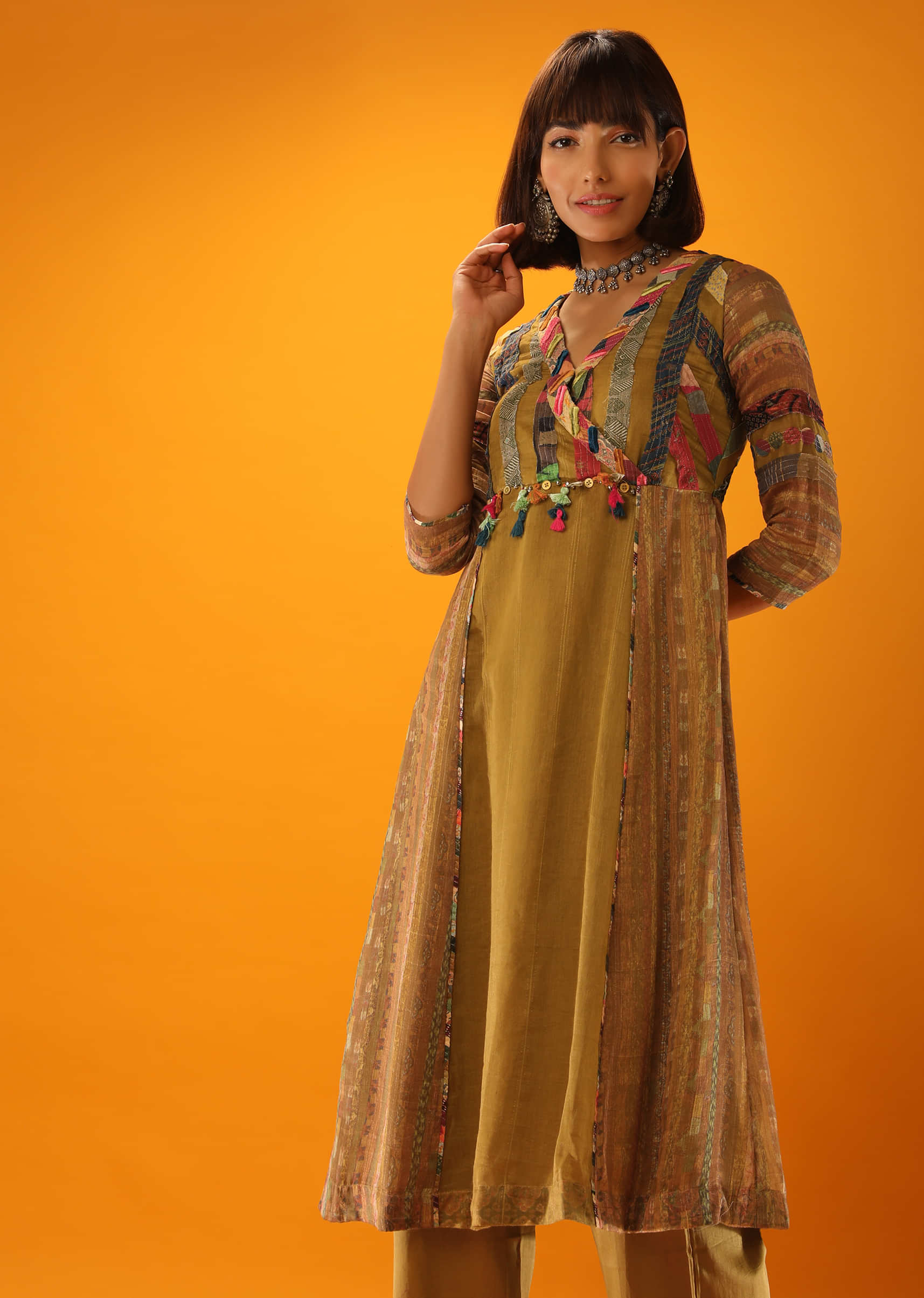 Ochre A Line Kurta And Palazzo Pants Set With Appliqued Stripes In Multi Colored Printed Fabric  
