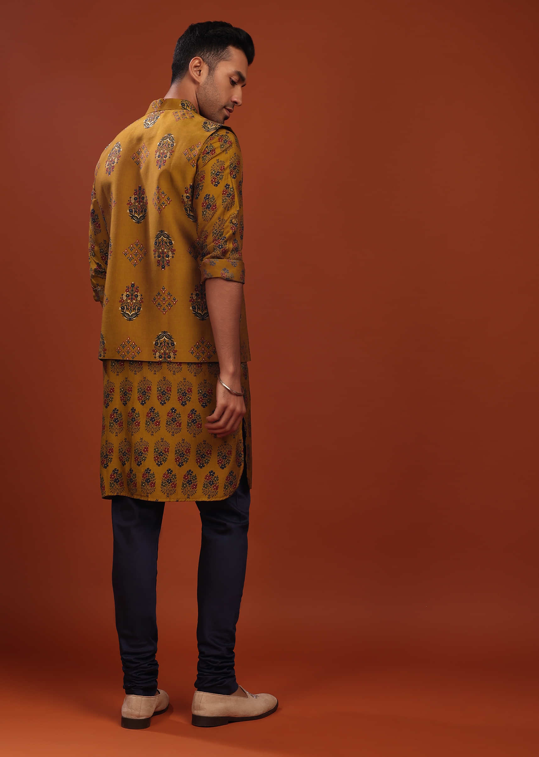 Ochre Gold Yellow Nehru Jacket And Kurta Set In Floral Motifs Print, Full Sleeves Kurta In Mandarin Collar Neckline With Full Sleeves