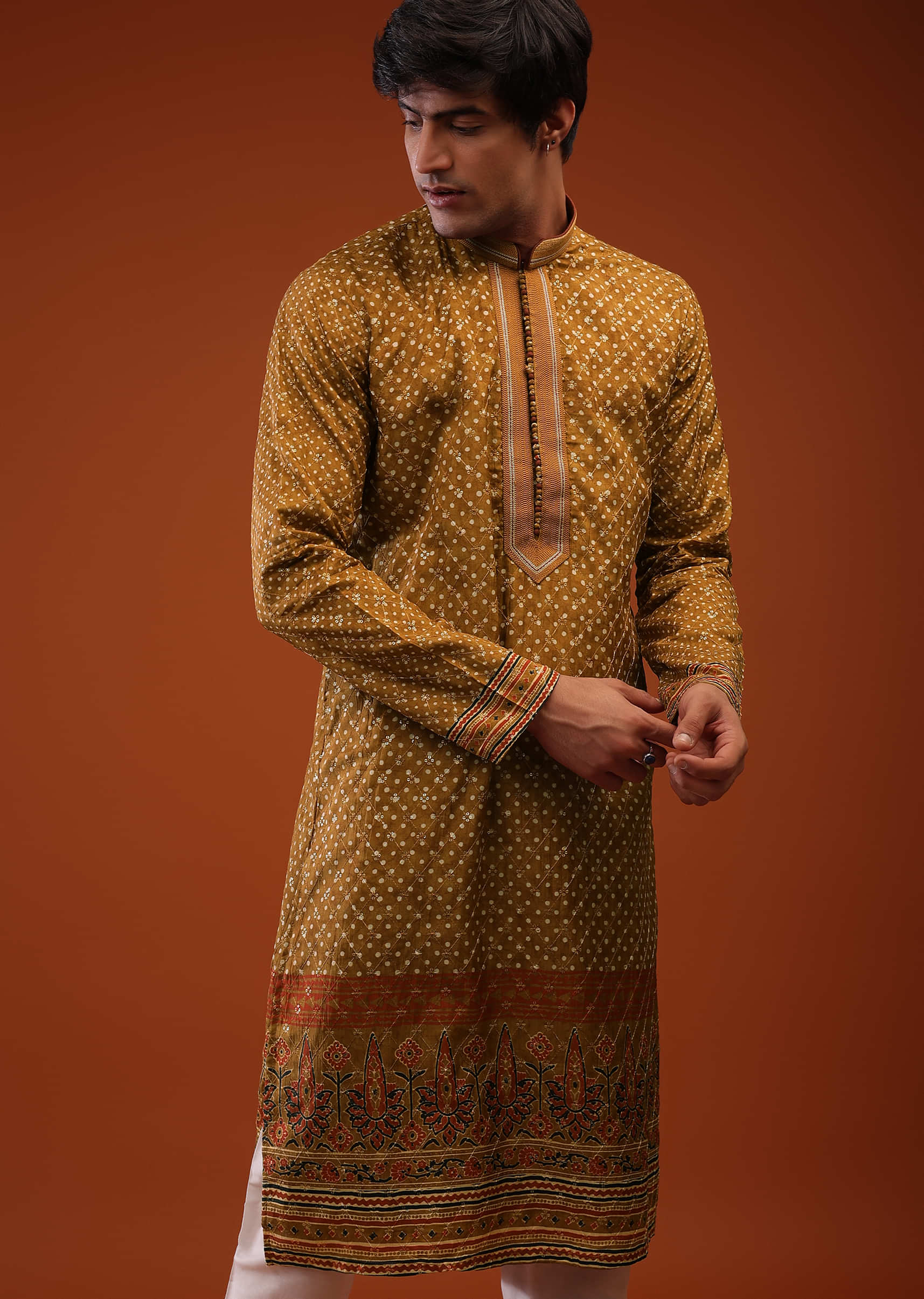 Ochre Silk Kurta Embroidered In Moroccan Jaal With Polka & Block Print, And Front Fancy Button Closure
