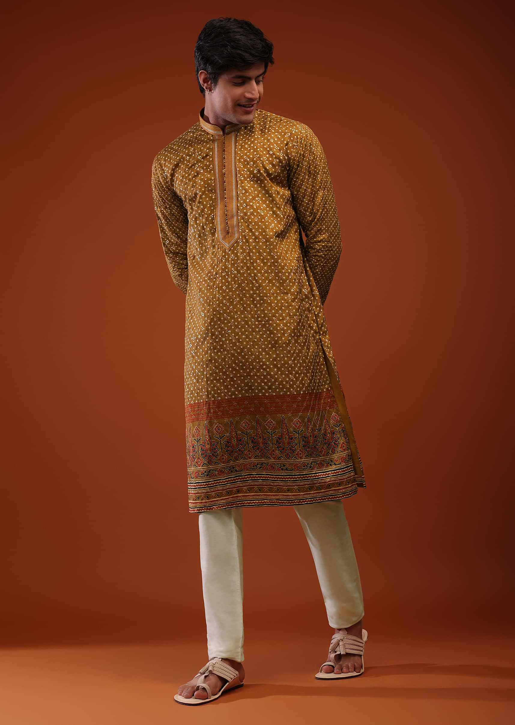Ochre Silk Kurta Embroidered In Moroccan Jaal With Polka & Block Print, And Front Fancy Button Closure