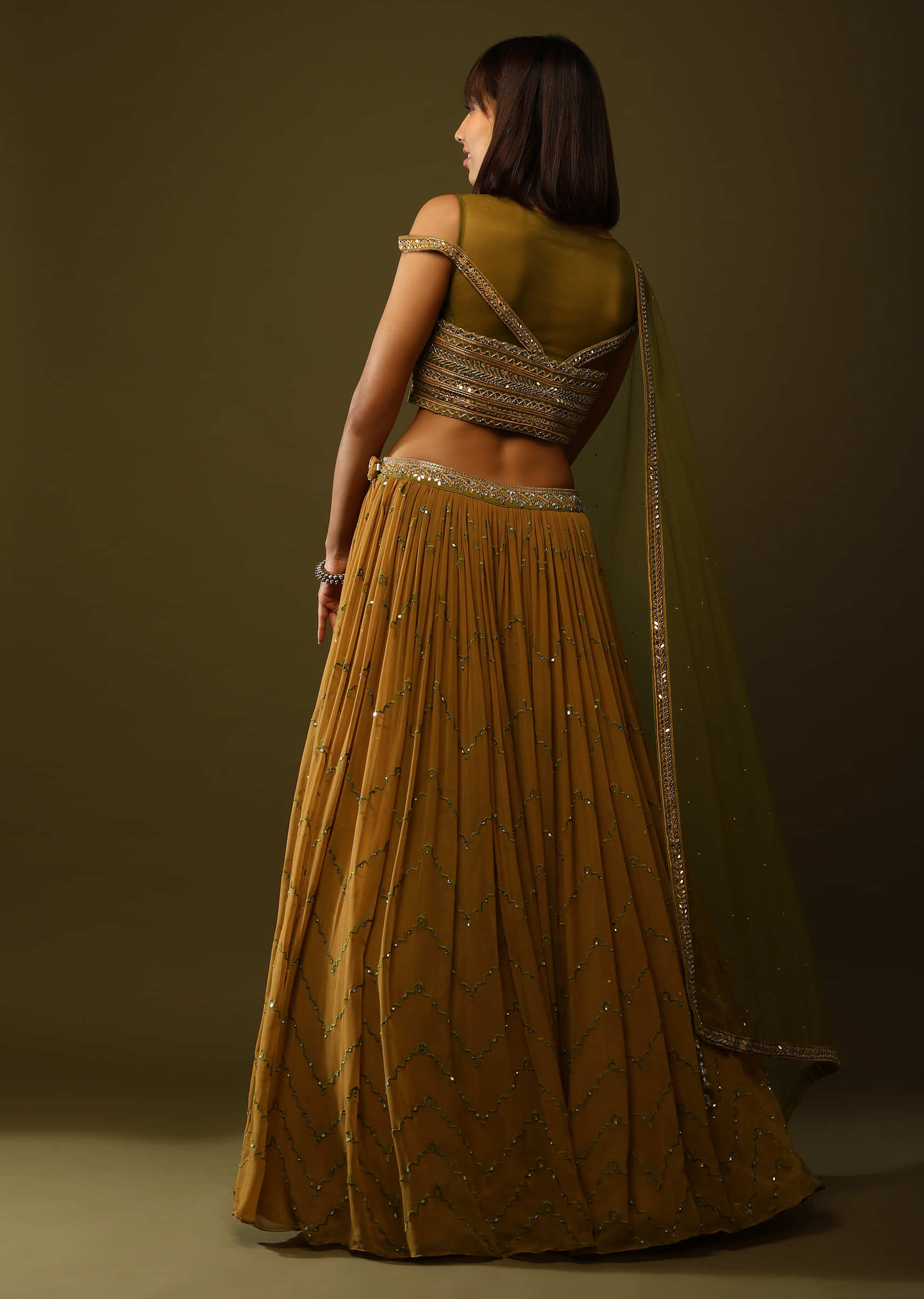 Ochre Yellow Lehenga Choli With Resham And Mirror Work And Cold Shoulder Sleeves Online - Kalki Fashion