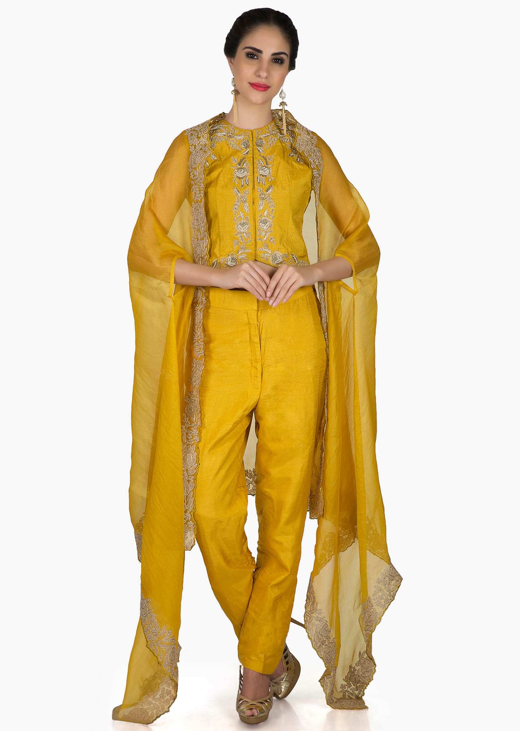 Ochre Yellow suit in silk with french knot embroidered and fancy jacket in silk only on Kalki