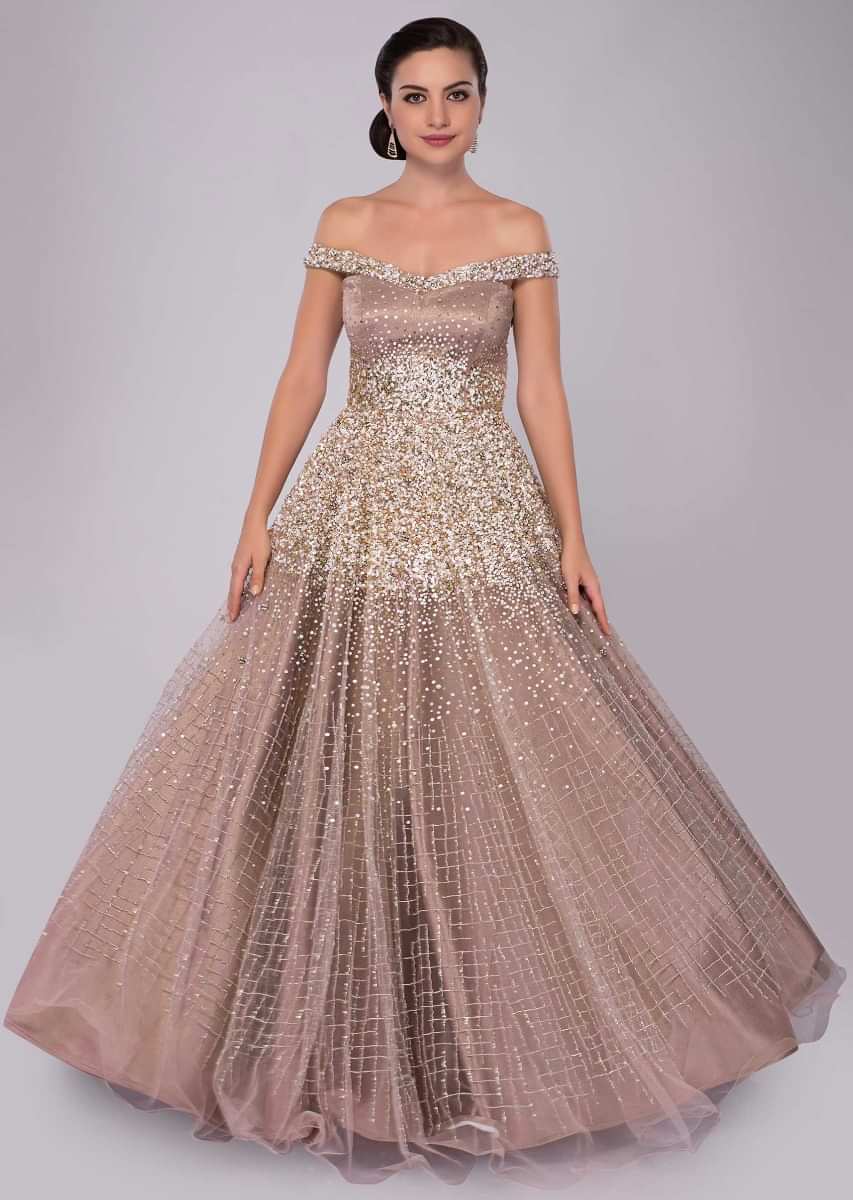 Off shoulder champagne beige gown with cut dana and salli 