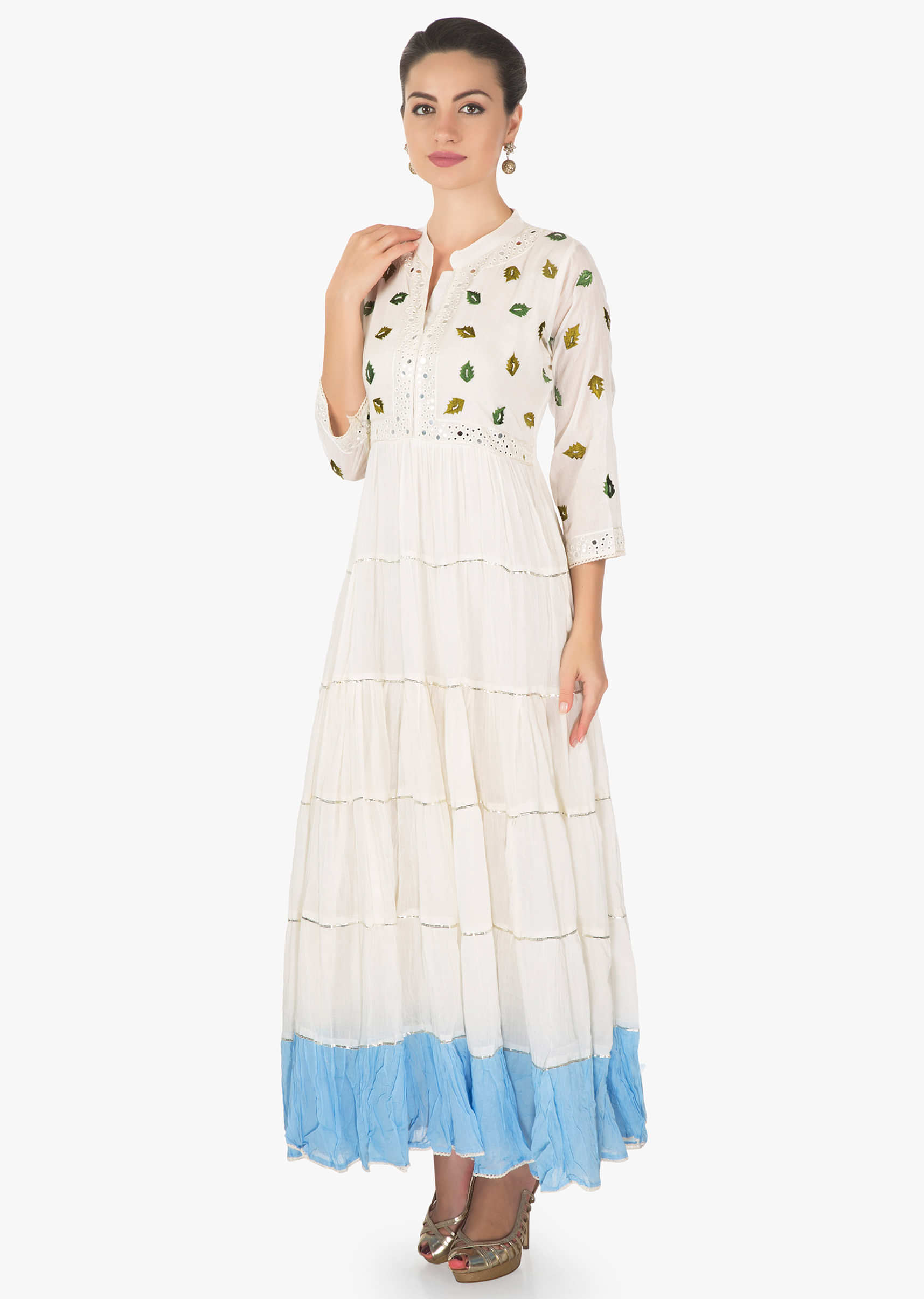 Off white and blue kurti in mul cotton with leaf moti embroidery only on Kalki