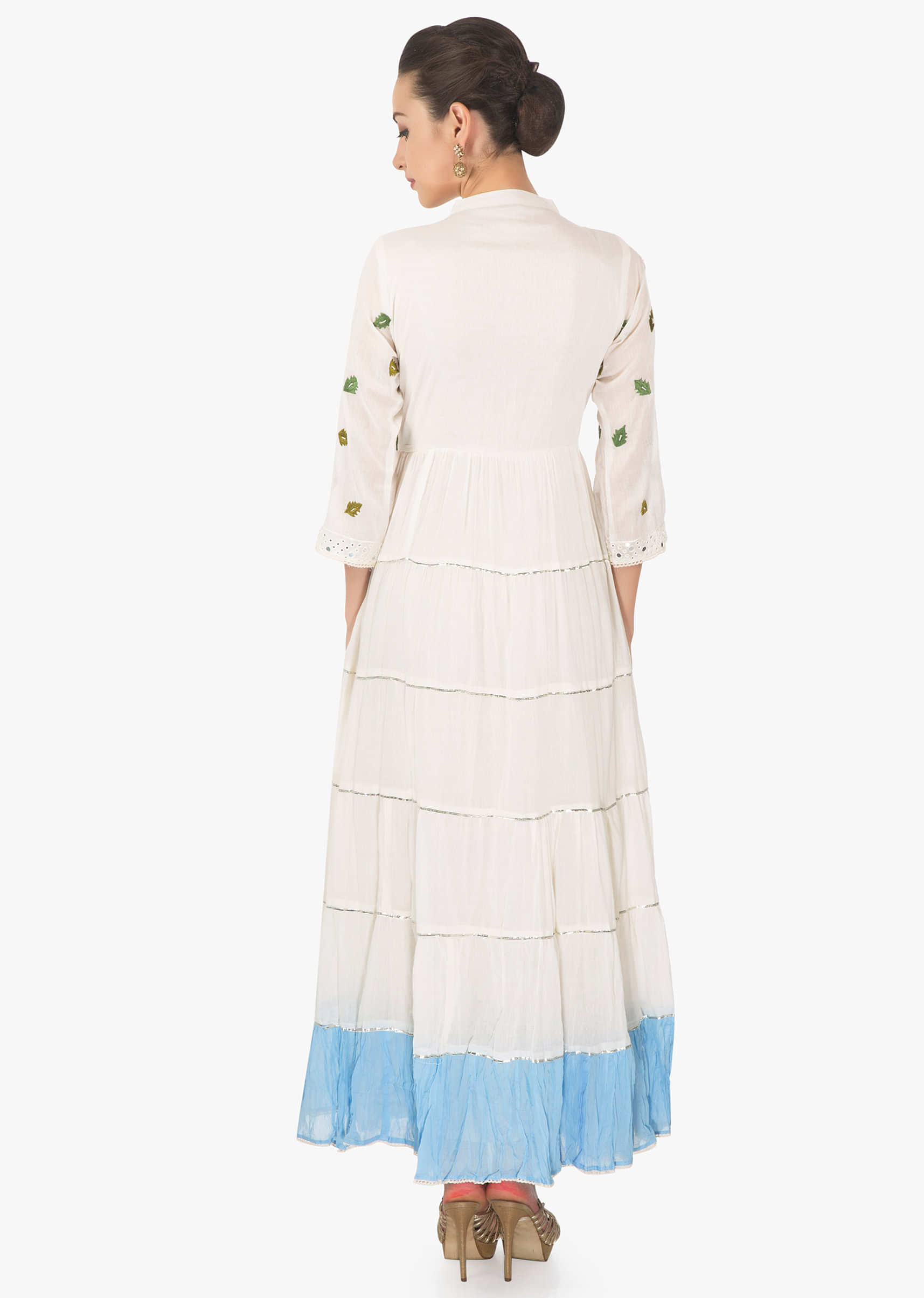 Off white and blue kurti in mul cotton with leaf moti embroidery only on Kalki