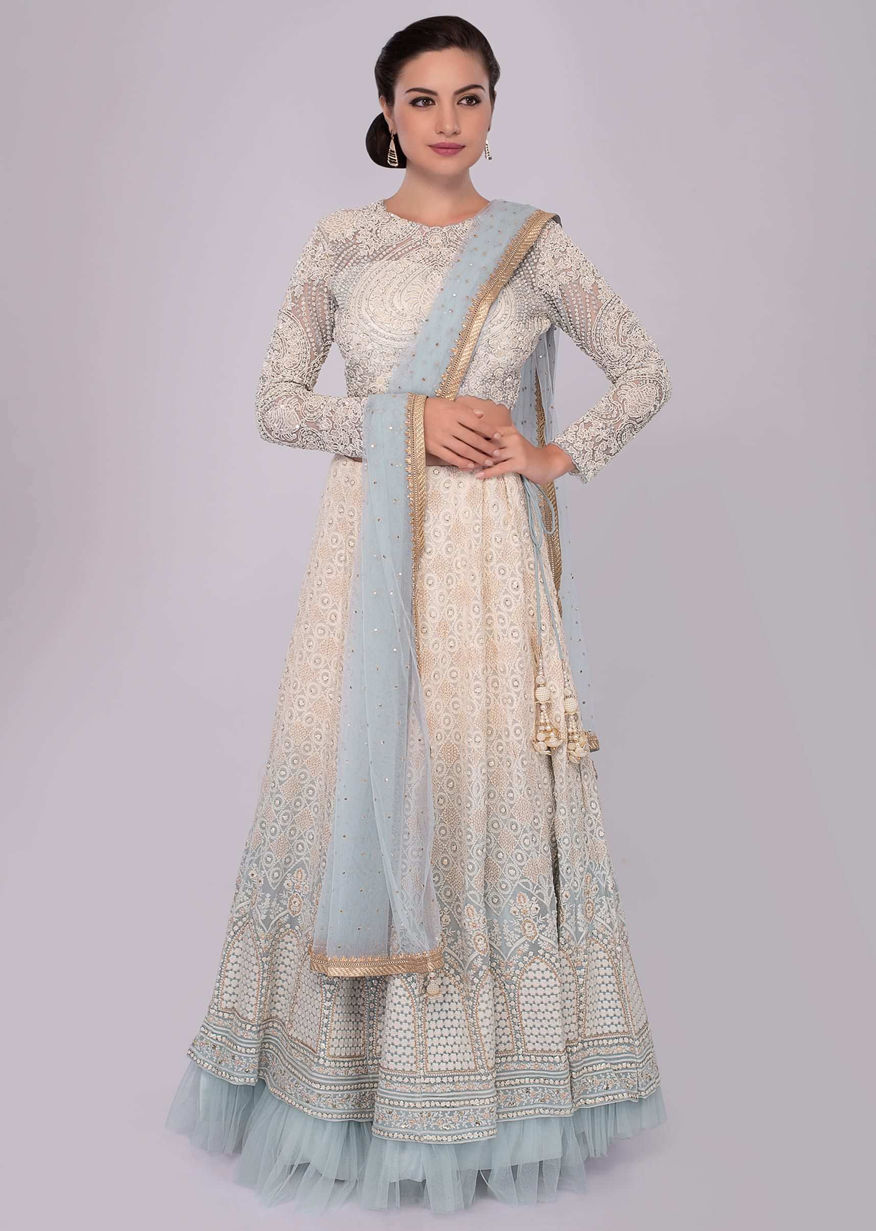 Off white and mist blue shaded lucknowi thread embroidered lehenga set 
