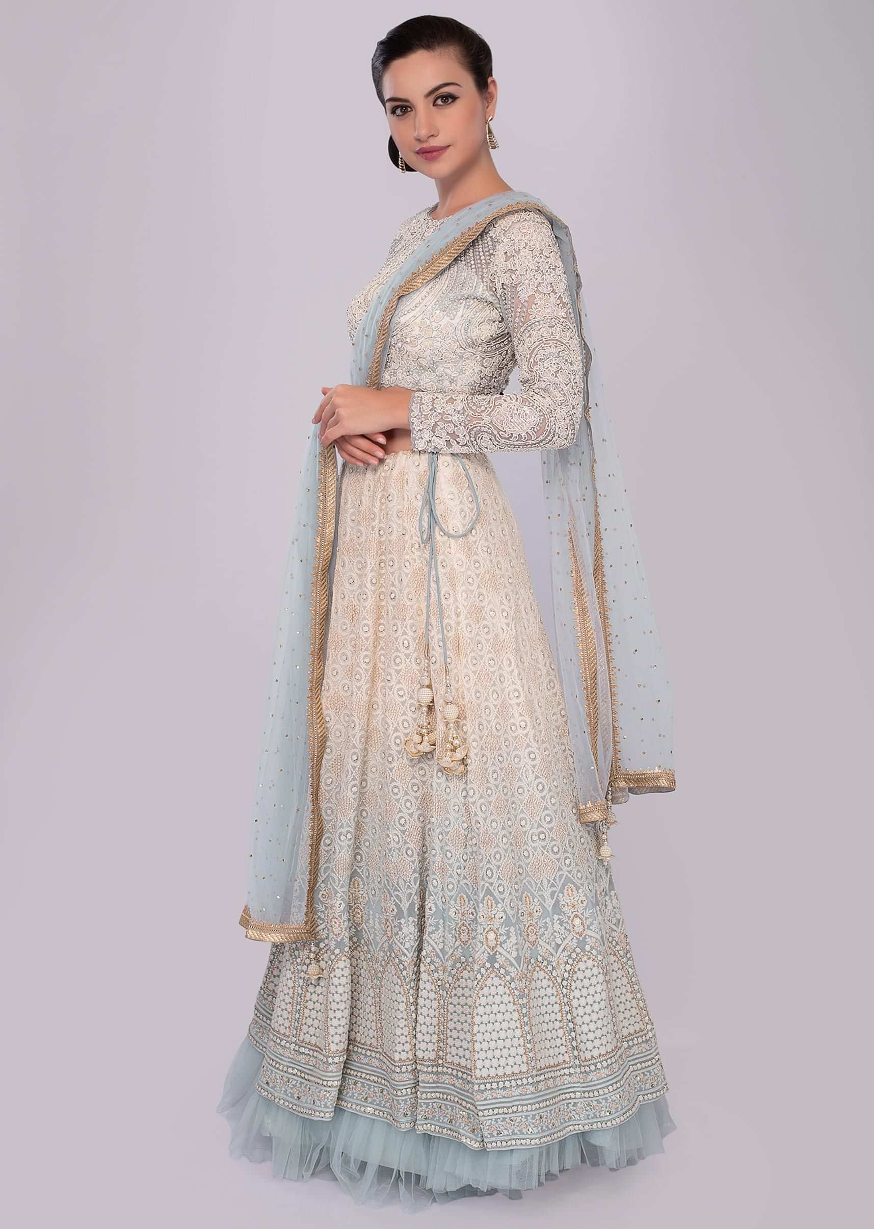Off white and mist blue shaded lucknowi thread embroidered lehenga set 