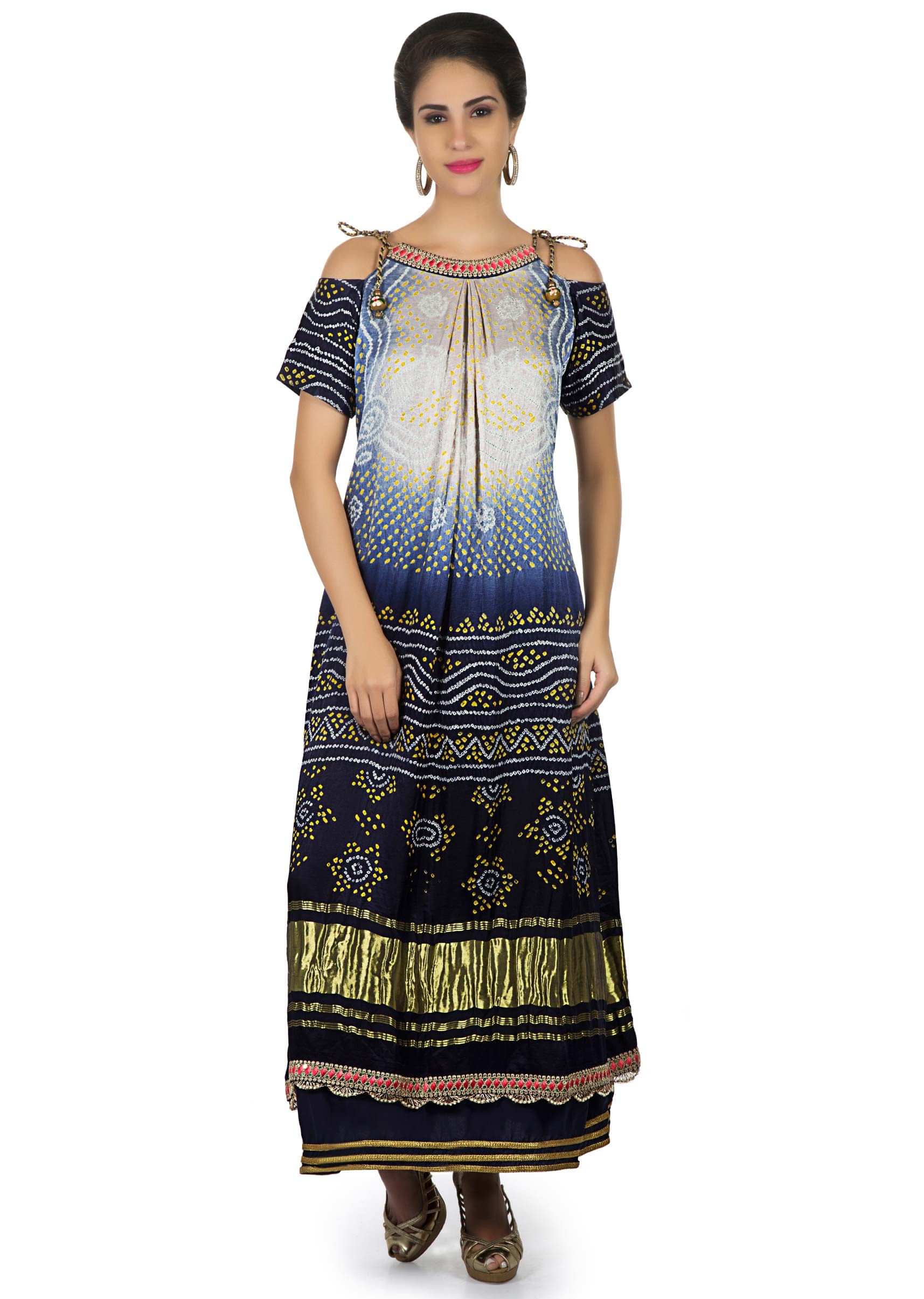 Off white and navy blue bandhani printed dress with cold shoulder only on Kalki