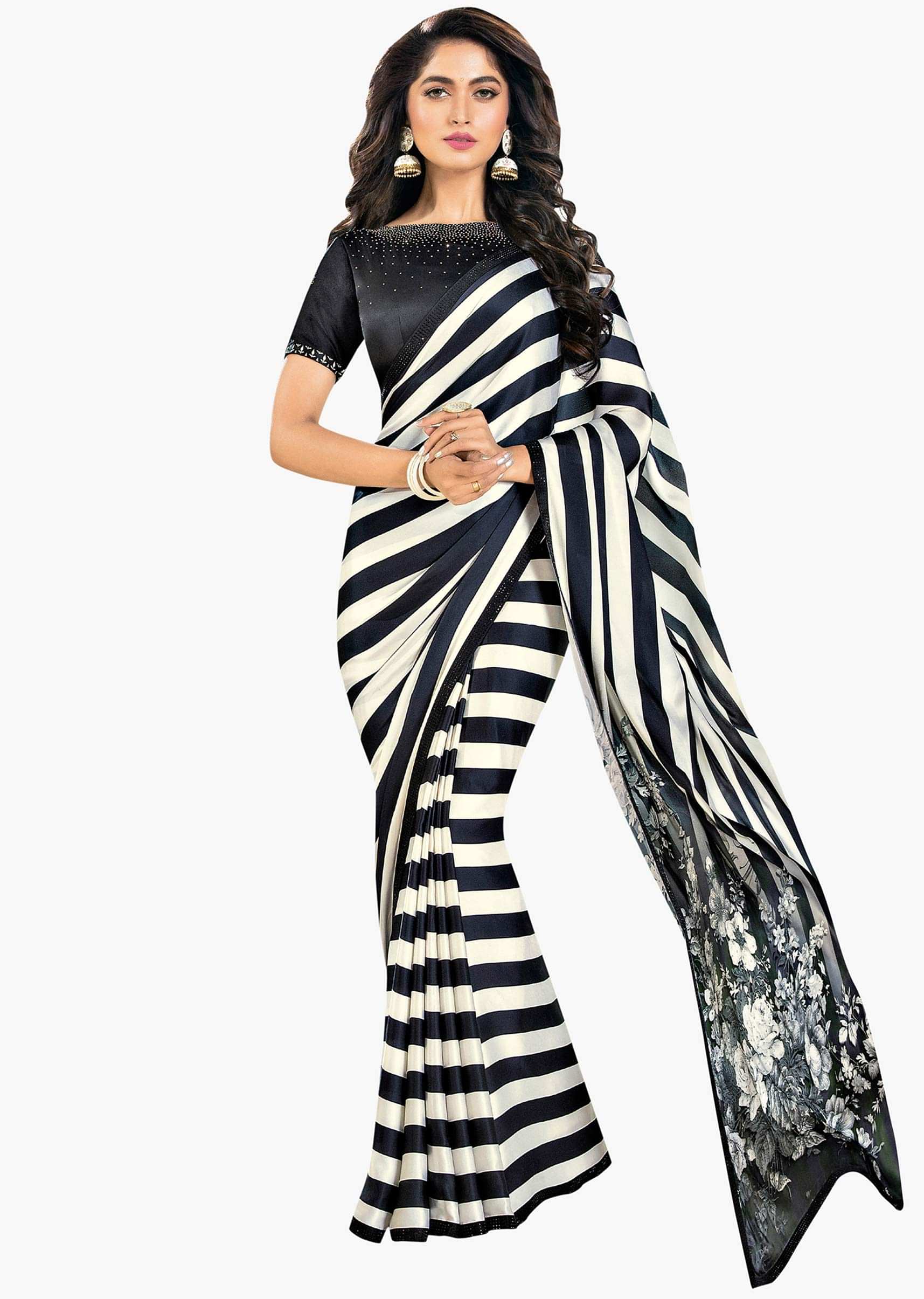 Off white and navy blue strap saree with floral printed pallo only on Kalki 