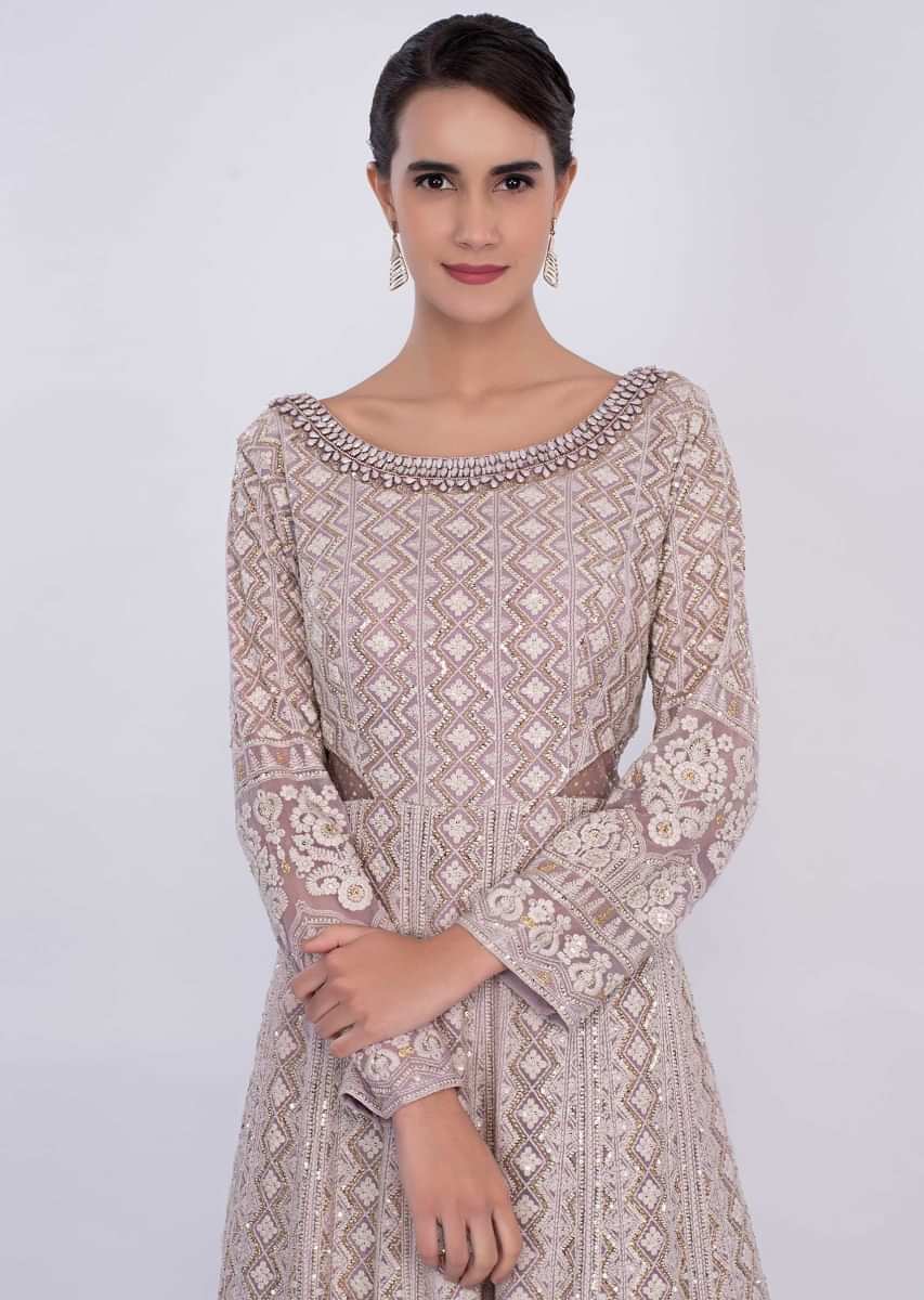 Off white and orchid shaded lucknowi embroidered anarkali 