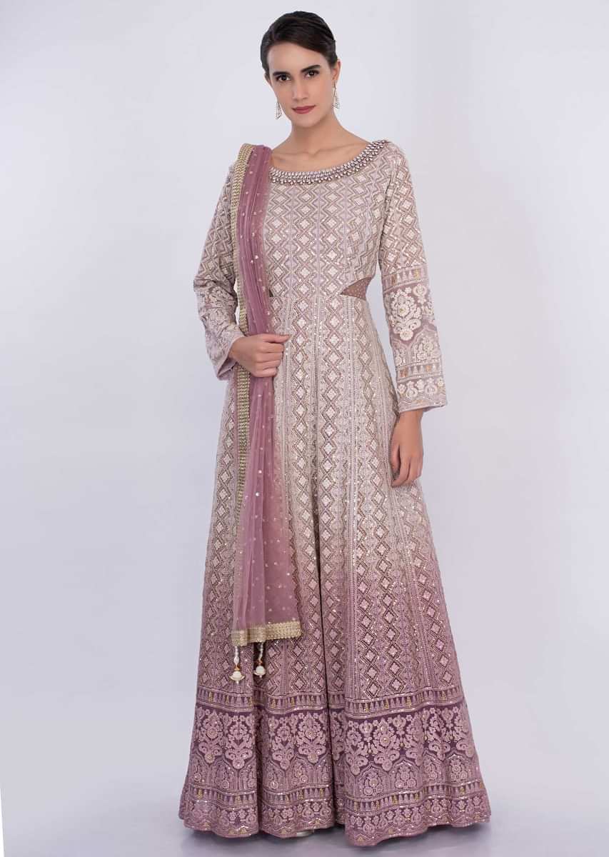 Buy Off White And Orchid Anarkali With Shaded Effect And Lucknowi ...